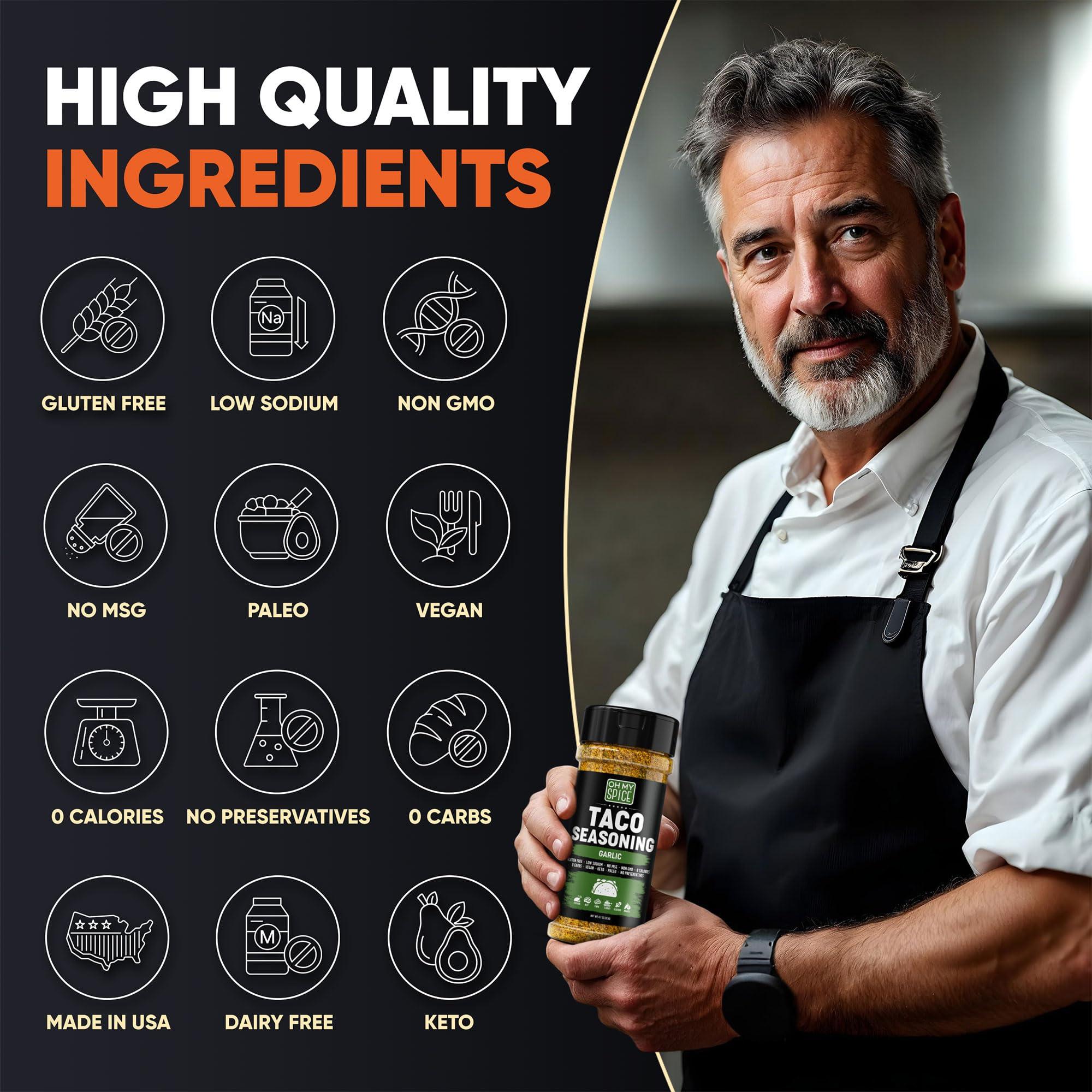 Oh My Spice Taco Seasoning Mix Garlic Powder - Gluten Free & Low Sodium Mexican Seasoning Blend for Taco Tuesday & Taco Night. Garlic and Herb Seasoning for Tacos & Fajita. Chicken & Fish Taco Toppings Mix. 4.7oz