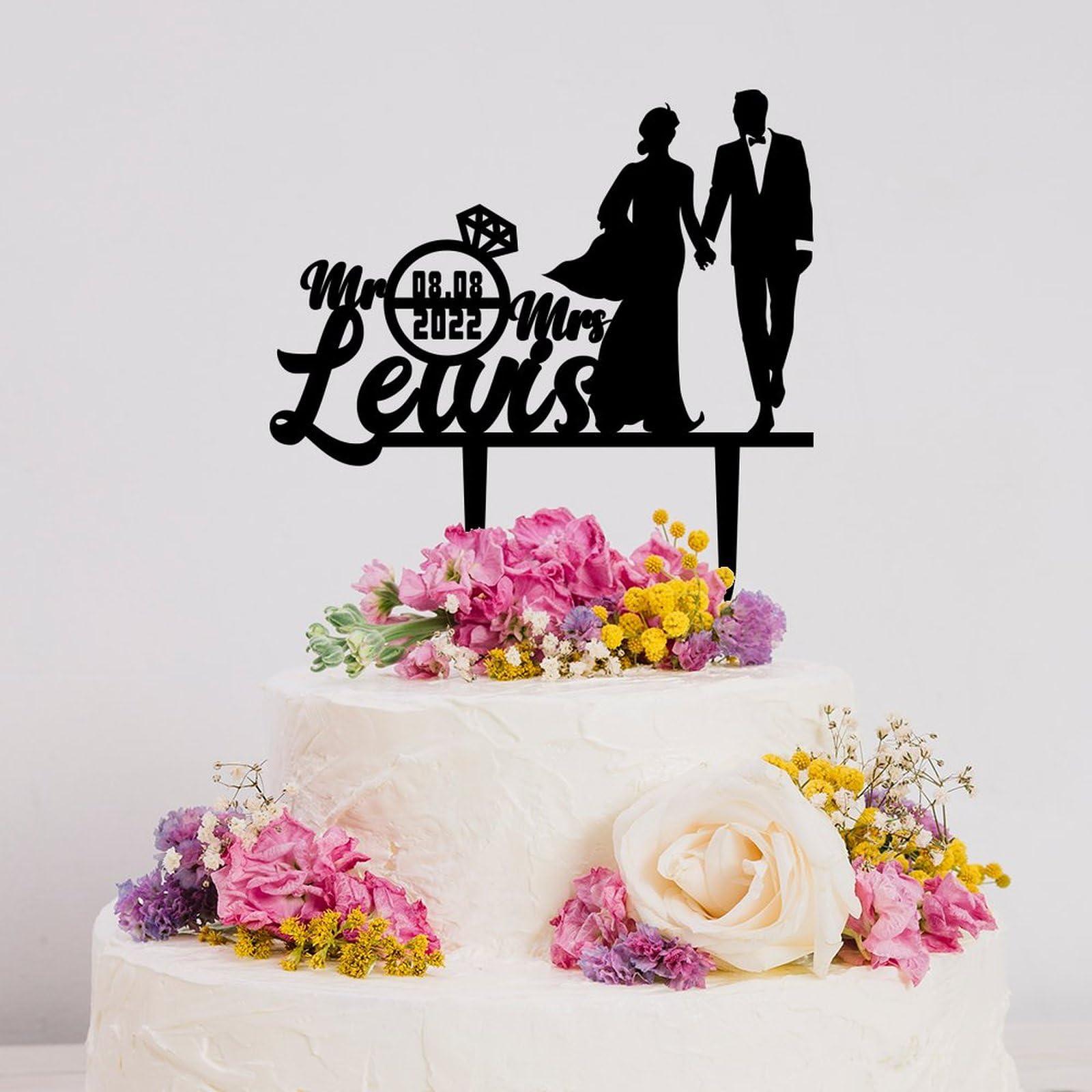 UanMere Personalized Wedding Cake Topper, Acrylic Cake Toppers, Bride And Groom Customized Last Name And Date Mr Mrs, Rustic Cake Toppers for Cake Bridal Shower