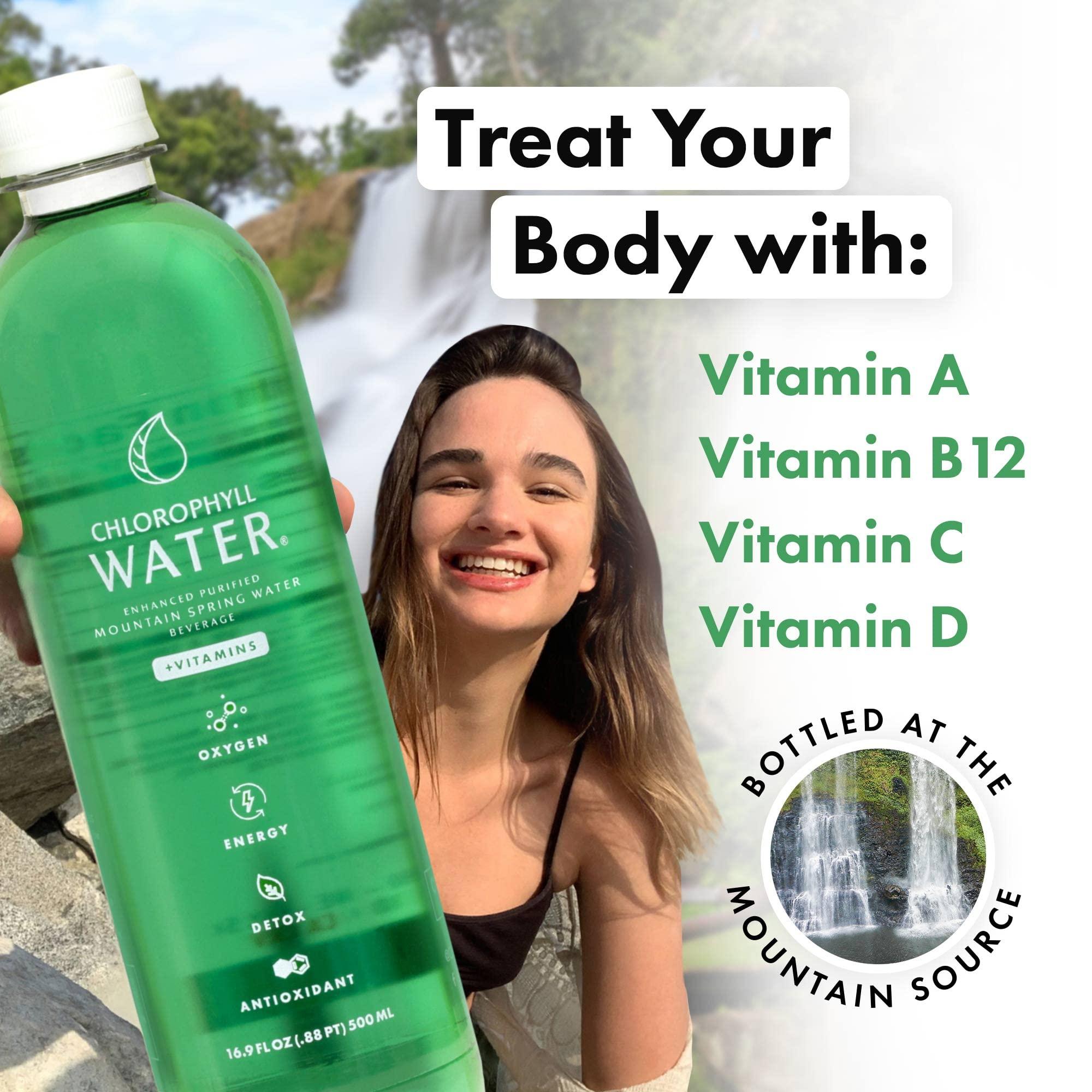Chlorophyll Water Chlorophyll Water Purified Mountain Spring Water w/Liquid Chlorophyll & Vitamins A, B12, C, D | Plant Based | Antioxidants, Detox Water, Energy Boost, Immune Support 12pk