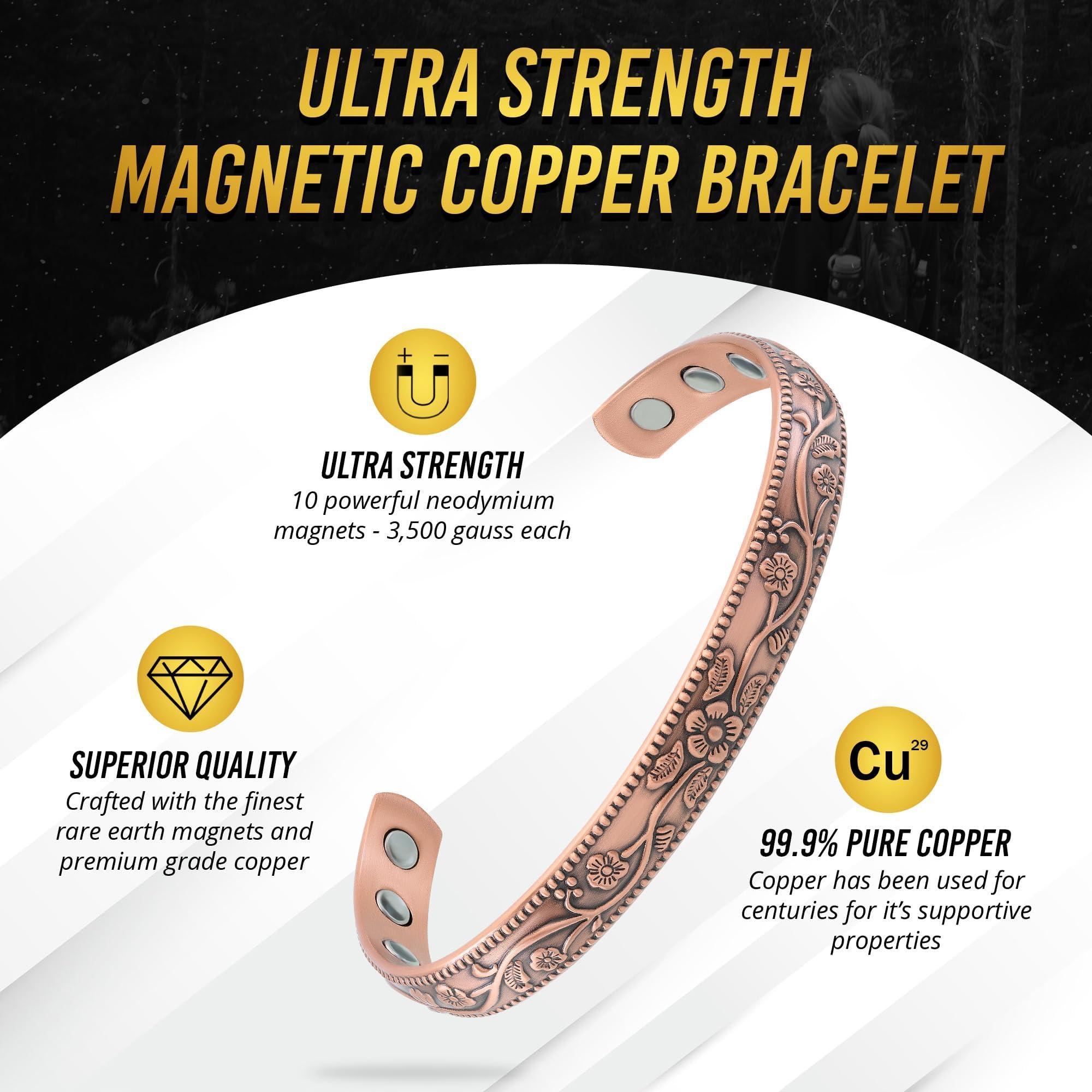 MagnetRX MagnetRX Women\'s Copper Bracelet Effective 99.9% Pure Copper Magnetic Bracelets for Women Adjustable Womens Copper Cuff Bracelet Bangle (Floral Style)
