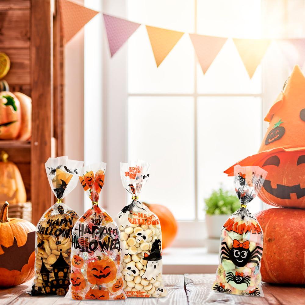 tauywolci Halloween Treat Bags, Halloween Cellophane Treat Bags, 60 PCS Halloween Candy Bags, Halloween Goodie Bags with Twist Ties, 4 Styles Small Halloween Gifts Bags for Trick or Treat Party Favors Supplies