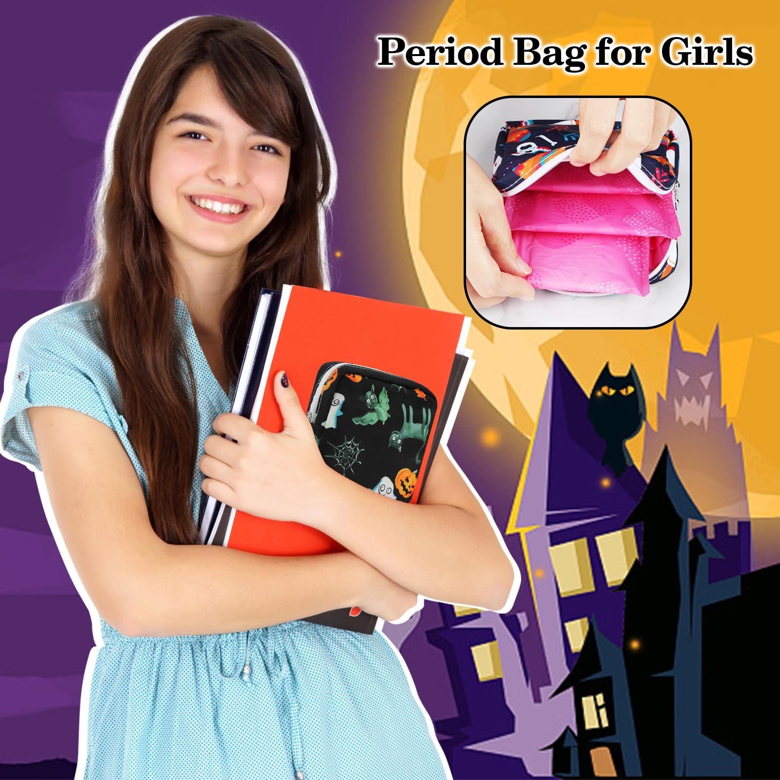 Likesing Likesing Period Bag Pouch, Canvas Sanitary Napkin Storage Bag for Girls Womens, Portable Sanitary Napkin Period Pad Pouch Bag for Purse, Small Make Up Bags(Halloween)