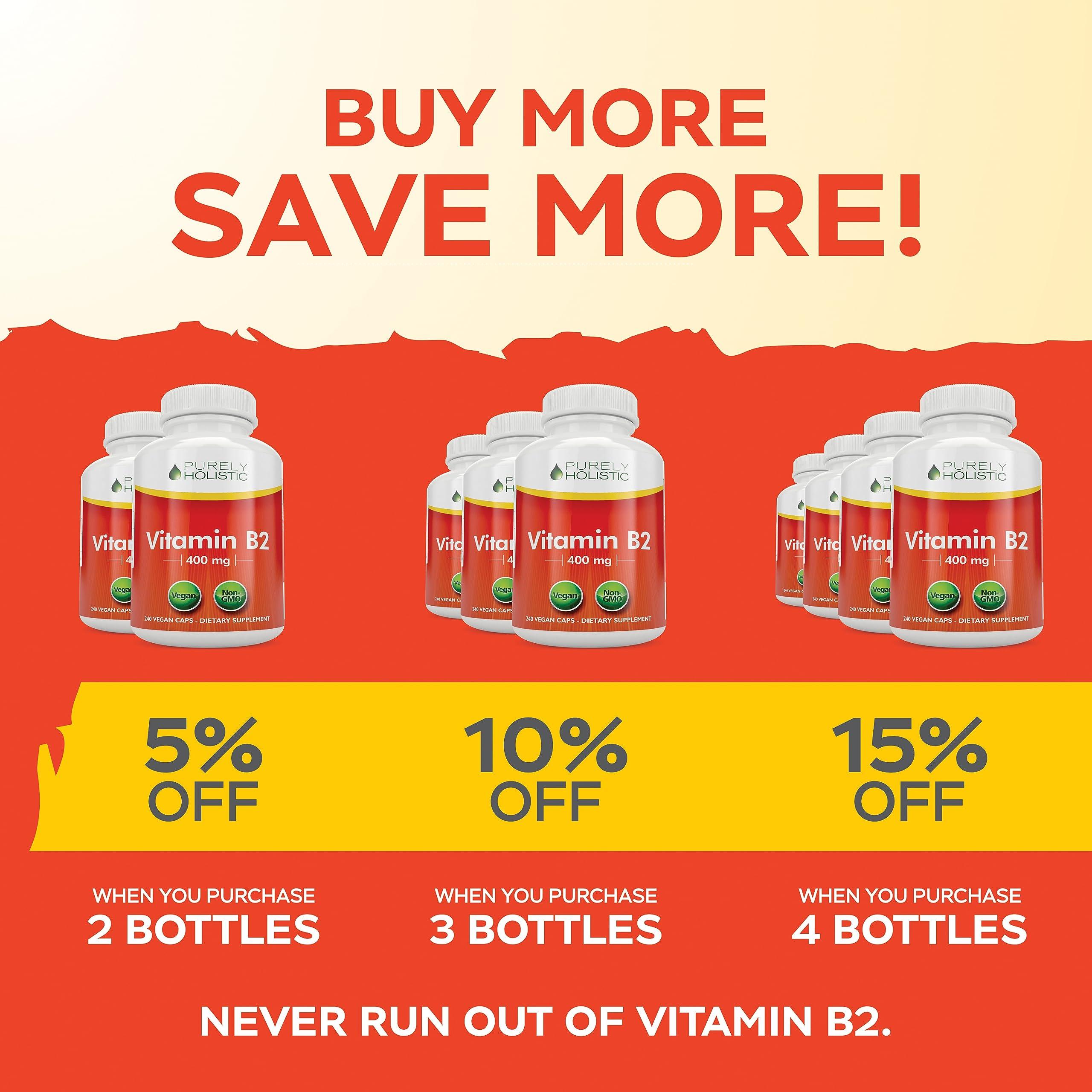 Purely Holistic Purely Holistic Vitamin B2 Riboflavin 400mg - 240 Vegan Capsules, 8 Month Supply - High Strength B2 Vitamins - Non GMO & Gluten Free - Supports Energy Production & Cellular Health