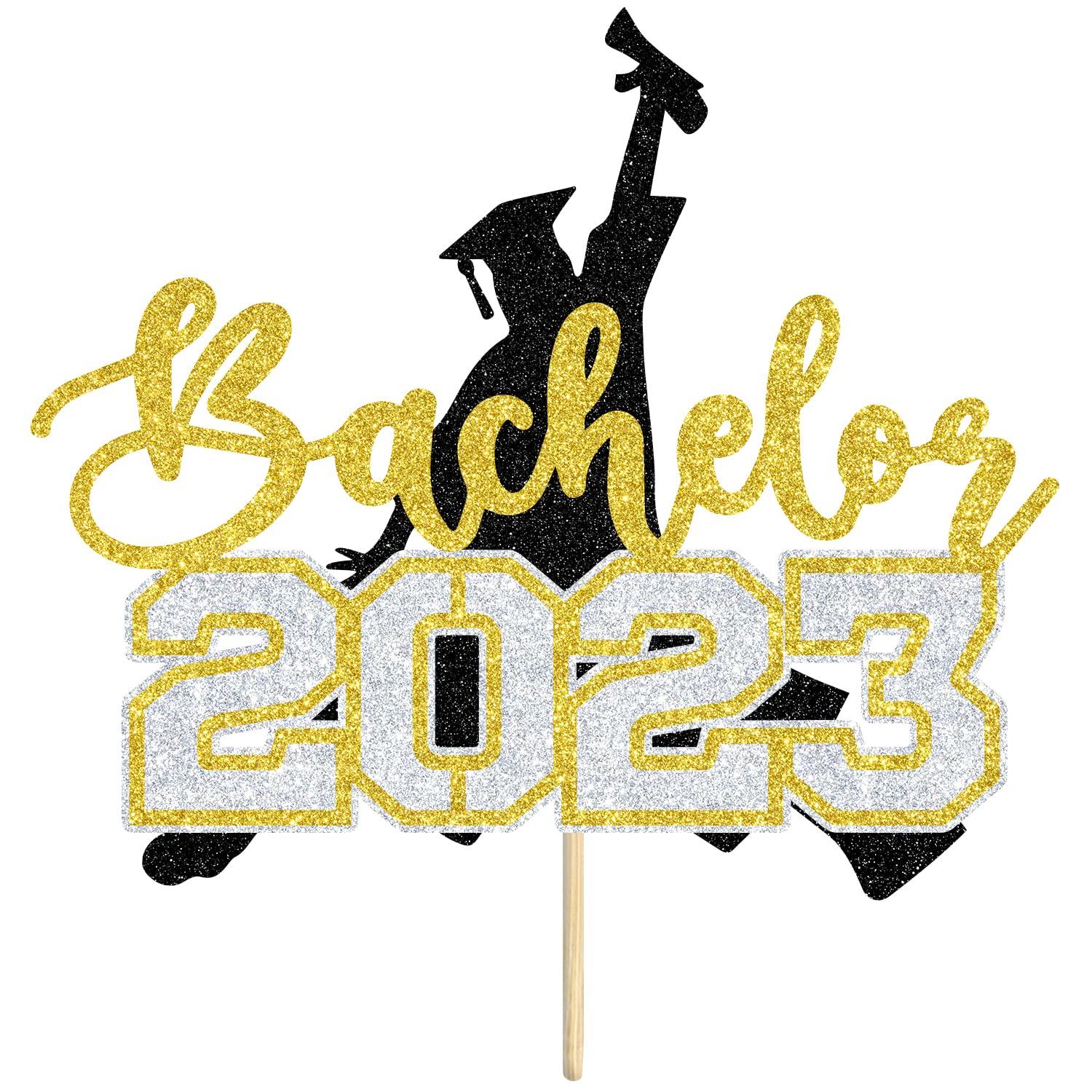 Aeryourtar Congrats Bachelor Cake Topper, 2023 Graduation Cake Topper, Congrats Grad Cake Decorations, College Graduation Party Decorations Supplies, Gold and Black Glitter