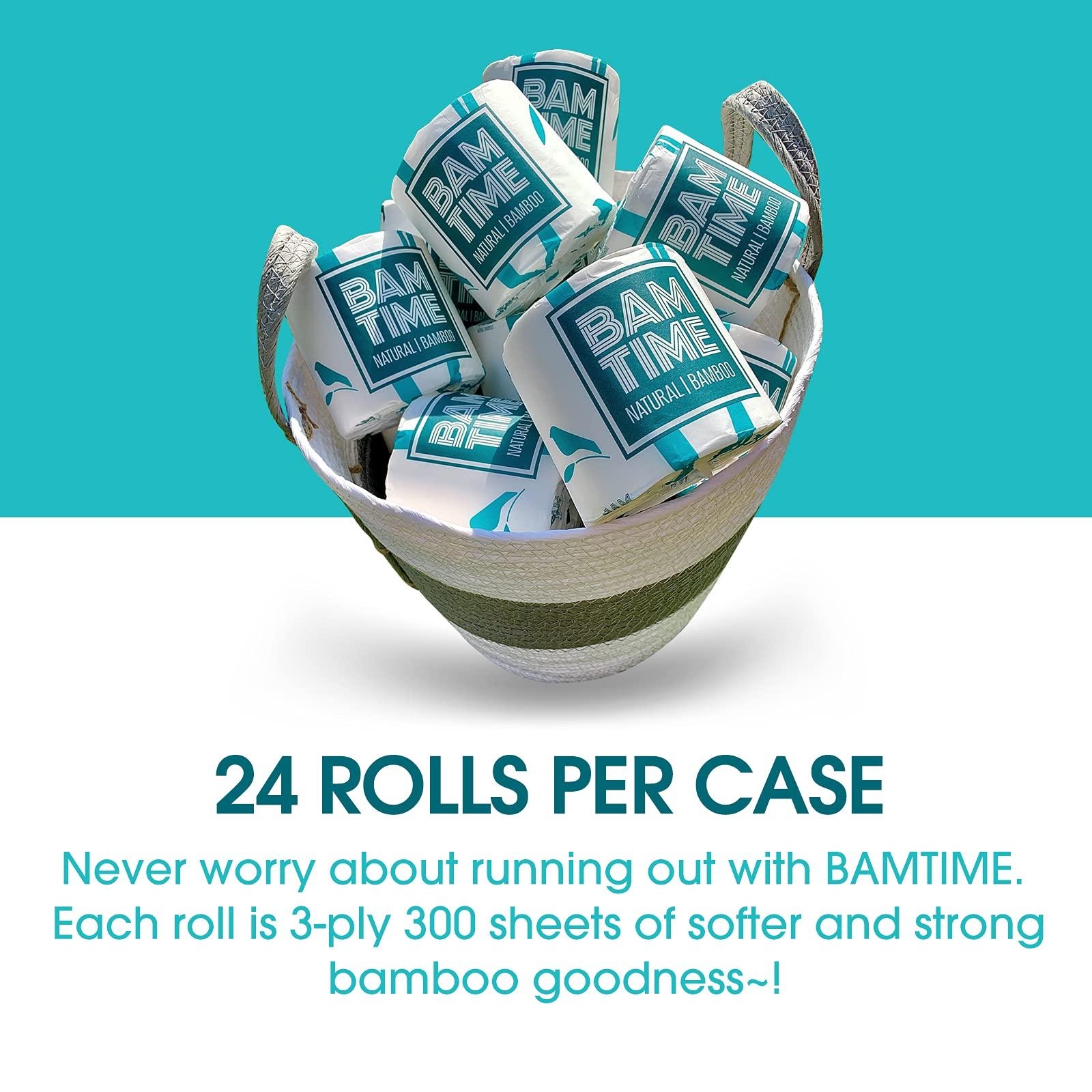 BAMTIME Toilet Paper, 100% 3ply Bamboo Toilet Paper, 24 Rolls, 300 sheets, 7200 Count, pack of 24, plastic free, Tree free, Biodegradable