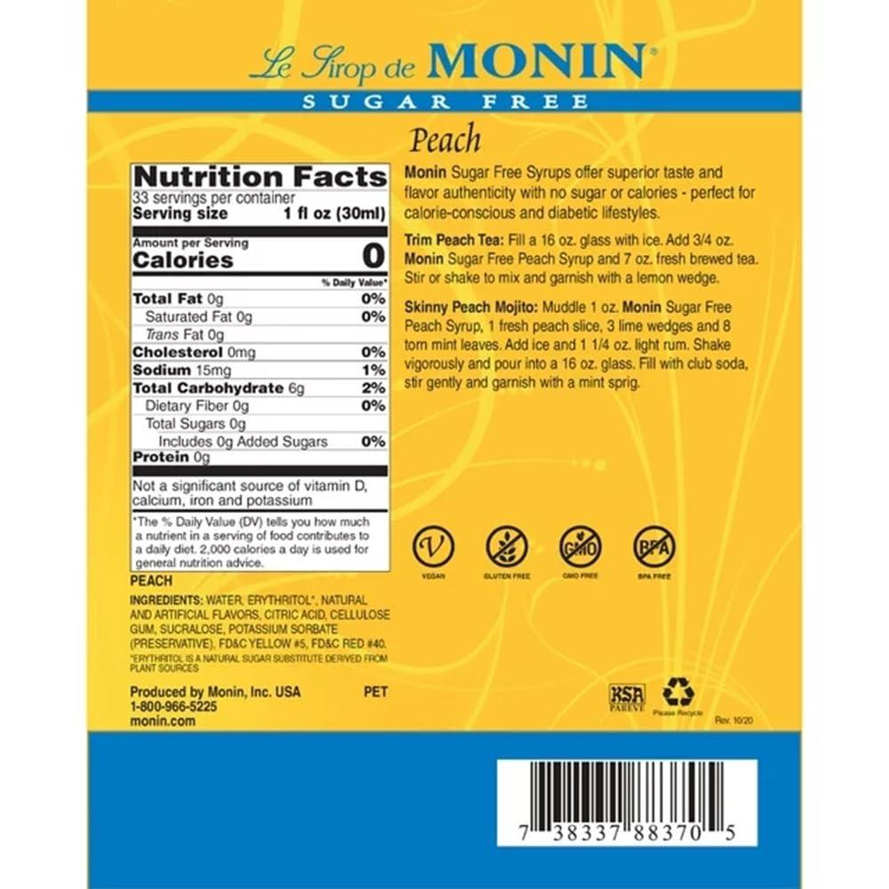 Monin Monin Sugar-Free Peach, 33.8-Ounce Plastic Bottle (1 Liter Bottle)