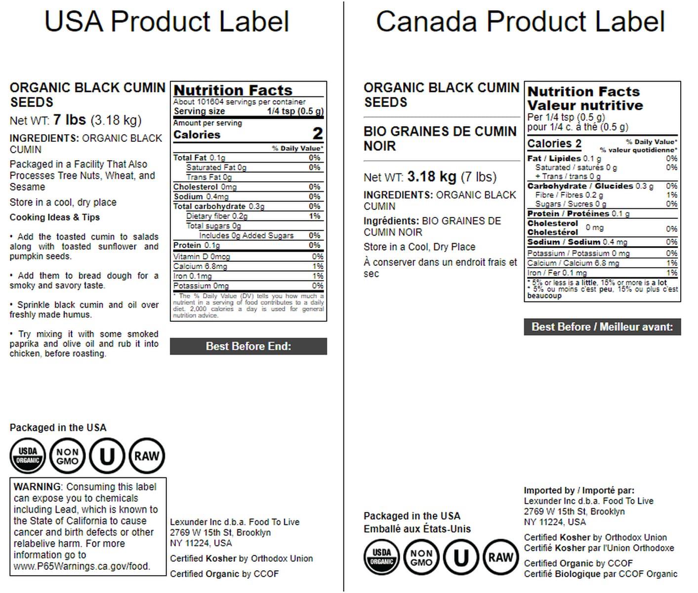 Food to Live Food to Live Organic Black Cumin Seeds, 7 Pounds - Non-GMO, Kosher, Bulk Black Caraway. High in Iron, Calcium & Magnesium. Great for Cooking, Spicing, & Seasoning.