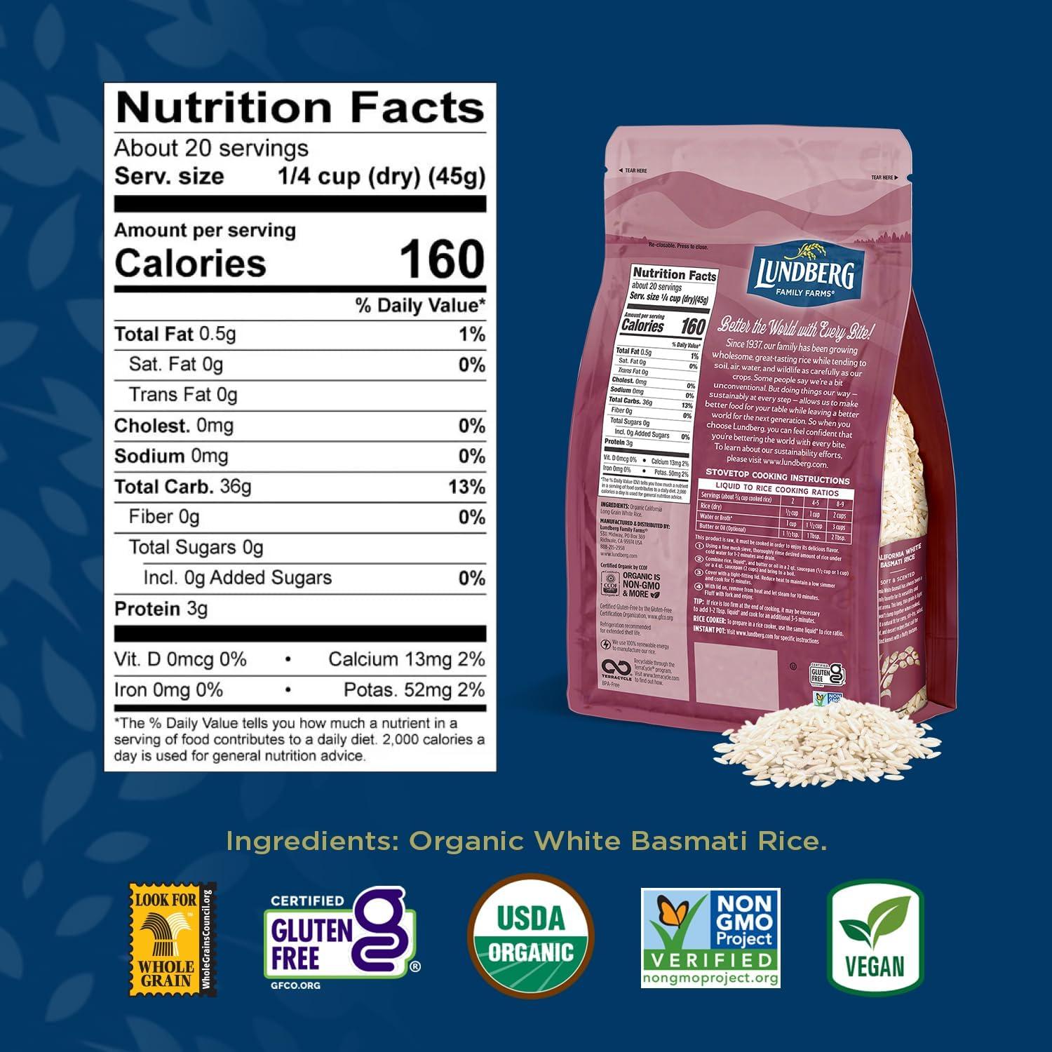Lundberg Lundberg Basmati Rice, Organic Long Grain White Rice - Non-Sticky, Fluffy Aromatic Rice, Vegan Food, Healthy Meals, Gluten-Free Rice Grown in California, 32 Oz