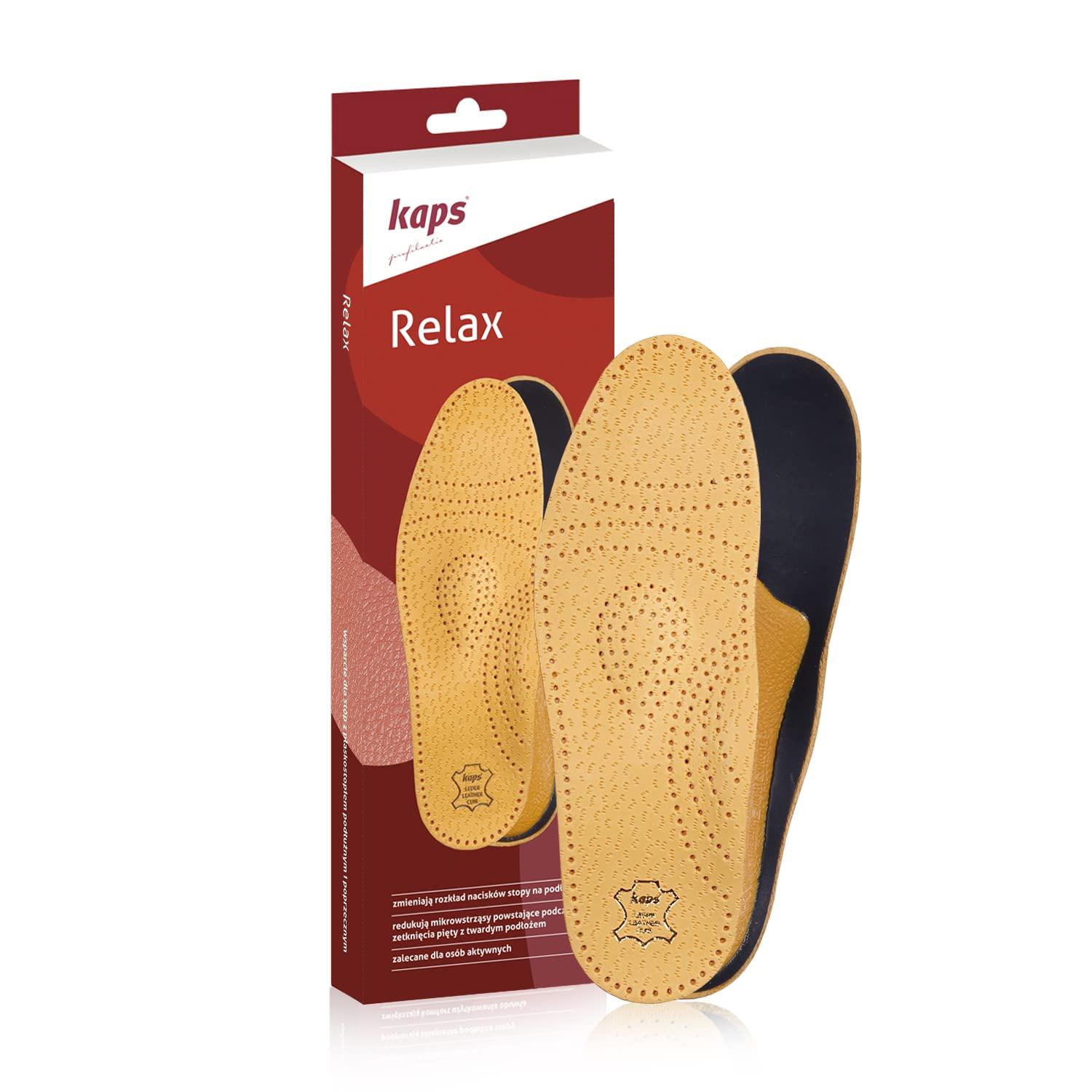 Kaps Orthotic Leather Insoles for Flat Feet and Plantar Fasciitis with Arch Support, Men and Women, Kaps Relax (Men 11 US / 44 EUR)
