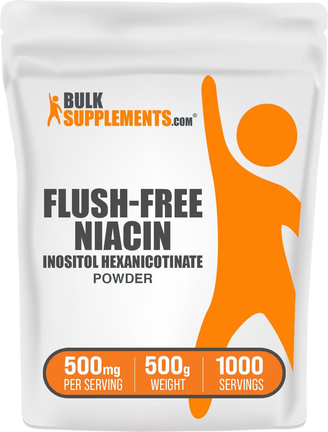 BulkSupplements BulkSupplements.com Flush Free Niacin Powder - as Inositol Hexanicotinate, Vitamin B3 Supplement, Niacin 500mg Flush Free - Gluten Free, 500mg of per Serving, 500g (1.1 lbs) (Pack of 1)