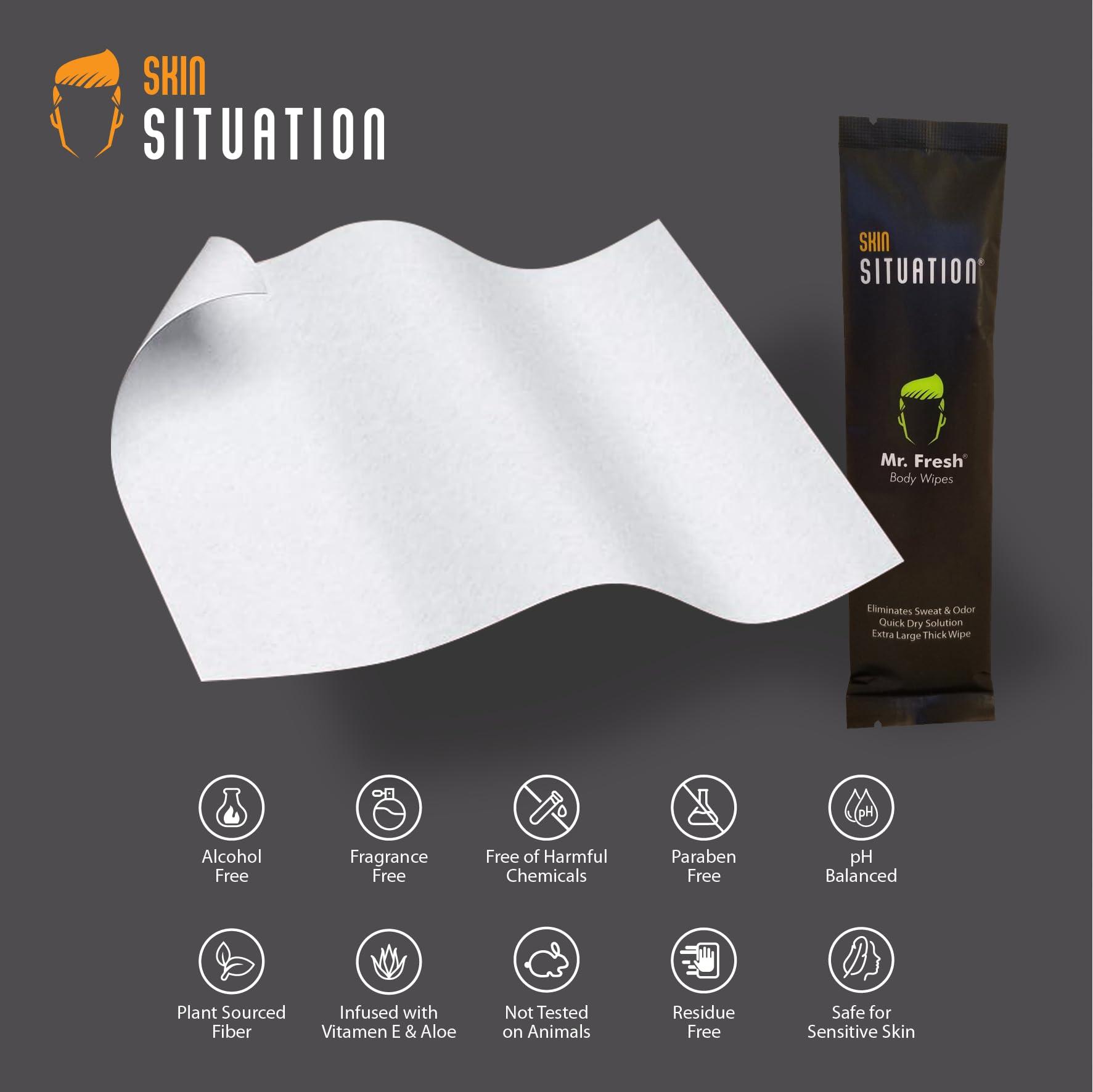 Skin Situation Mr. Fresh Body Wipe - Extra Large, Deodorizing, Unscented, Individual Wrapped Shower Wipe, Wet Wipe, pH Balanced, Hypoallergenic, Infused with Aloe and Vitamin E. Ideal for Camping, and Traveling
