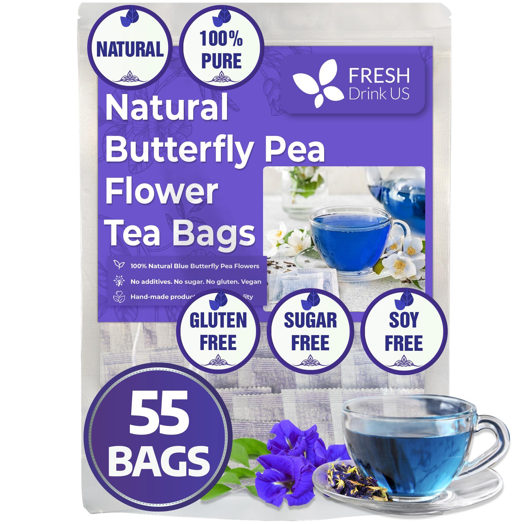 FRESHDRINKUS FreshDrinkUS, Premium 55 Butterfly Pea Tea Bags, 100% Natural and Pure from Butterfly Pea Flowers, Hand-made, Made With Natural Materials-Corn Fiber Tea Bag, Sugar/Caffeine/Gluten Free, Vegan