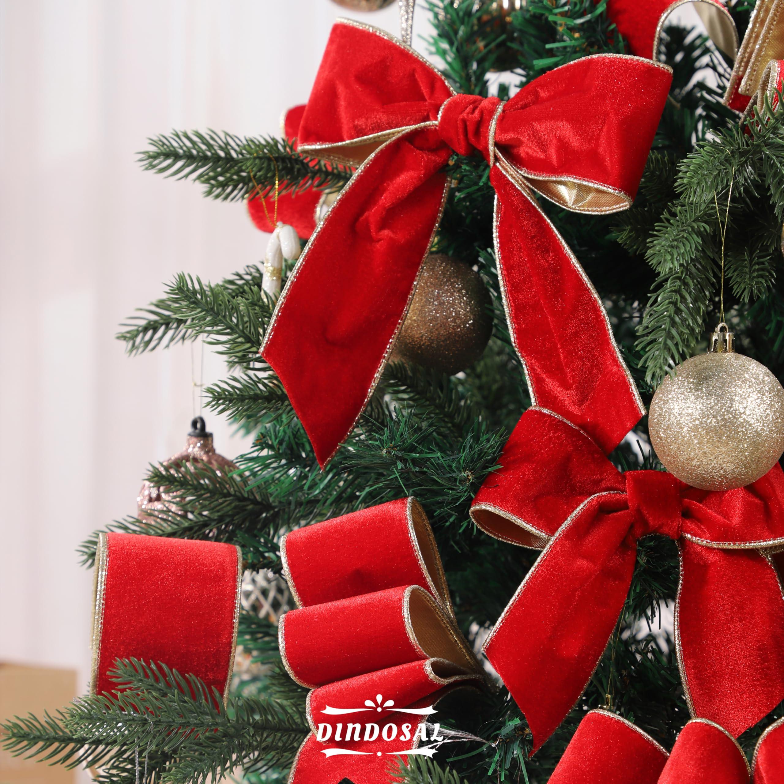 DINDOSAL DINDOSAL Red Velvet Ribbon Wired 2.5\" x 10 Yards Scarlet Red Christmas Ribbon with Gold Back Red Gold Wired Ribbon for Wreaths, Tree Topper Bows, Crafts, Home Decor, Gift Wrapping