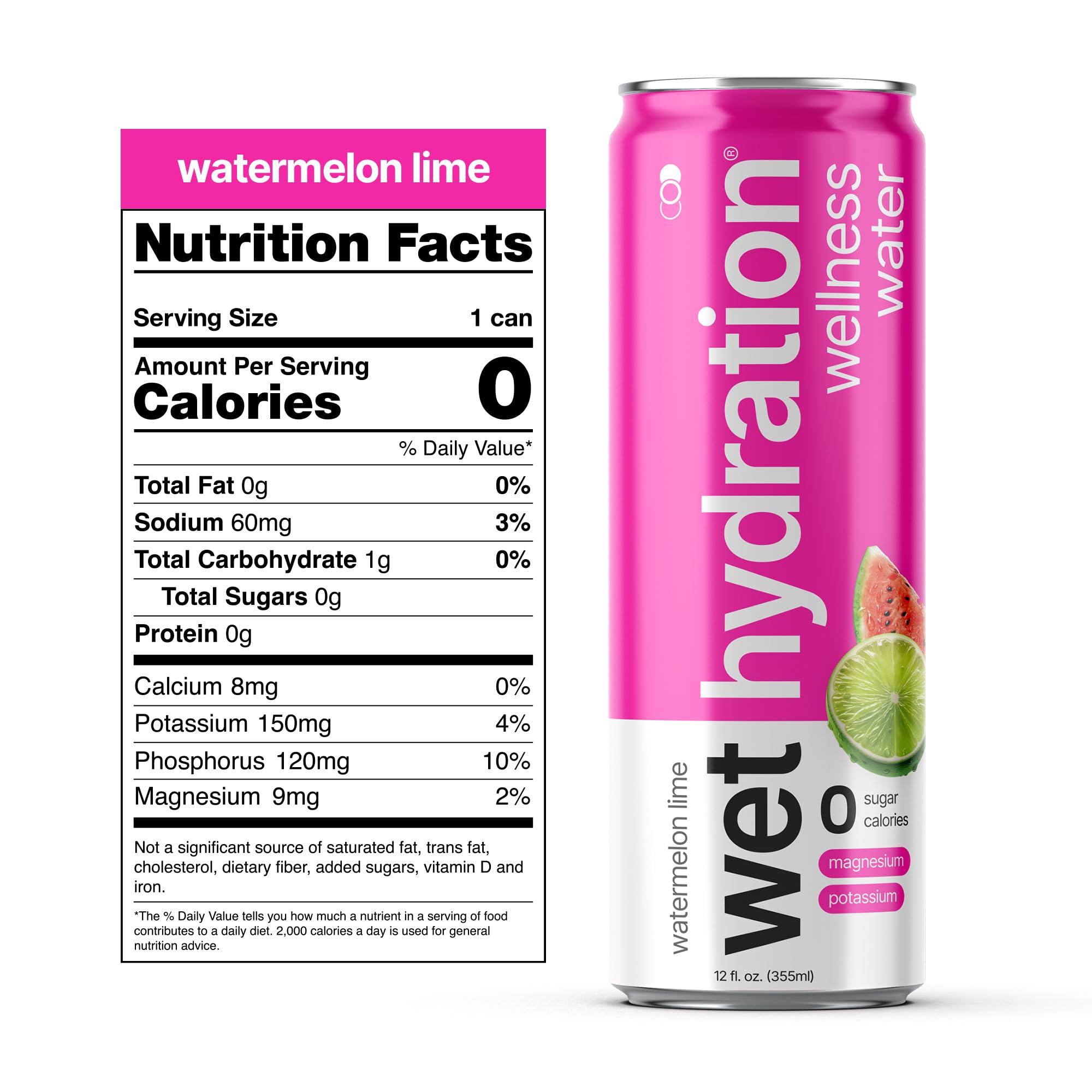 WET HYDRATION Wet Hydration, Zero Calorie, Functional Wellness Water - Watermelon Lemon Lime (12 Ounce Cans, Pack of 12) - Flavored Water, Hydration Drink, No Sugar, No Artificial Ingredients, Zero Calories