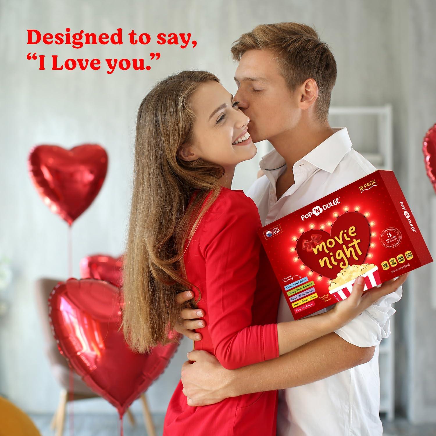 Pop n' Dulge Valentines Day Gifts Movie Night Popcorn Gift Set, Valentines Day Gifts For Her Him, 10 Piece Set, 5 Gourmet Popcorn Kernels and 5 Popcorn Seasoning Flavoring, Kosher, Non-GMO Romantic Movie Night Gift Baskets Gift Idea