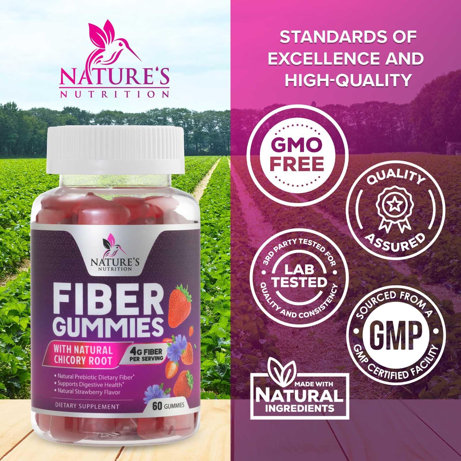 Nature\'s Nutrition Fiber Supplement Gummies for Digestive Health & Regularity Support, Fiber 4g Gummy for Adults, Daily Prebiotic Supplements, Natural Prebiotic Fiber Gummy, Plant Based, Strawberry Flavored - 60 Gummies