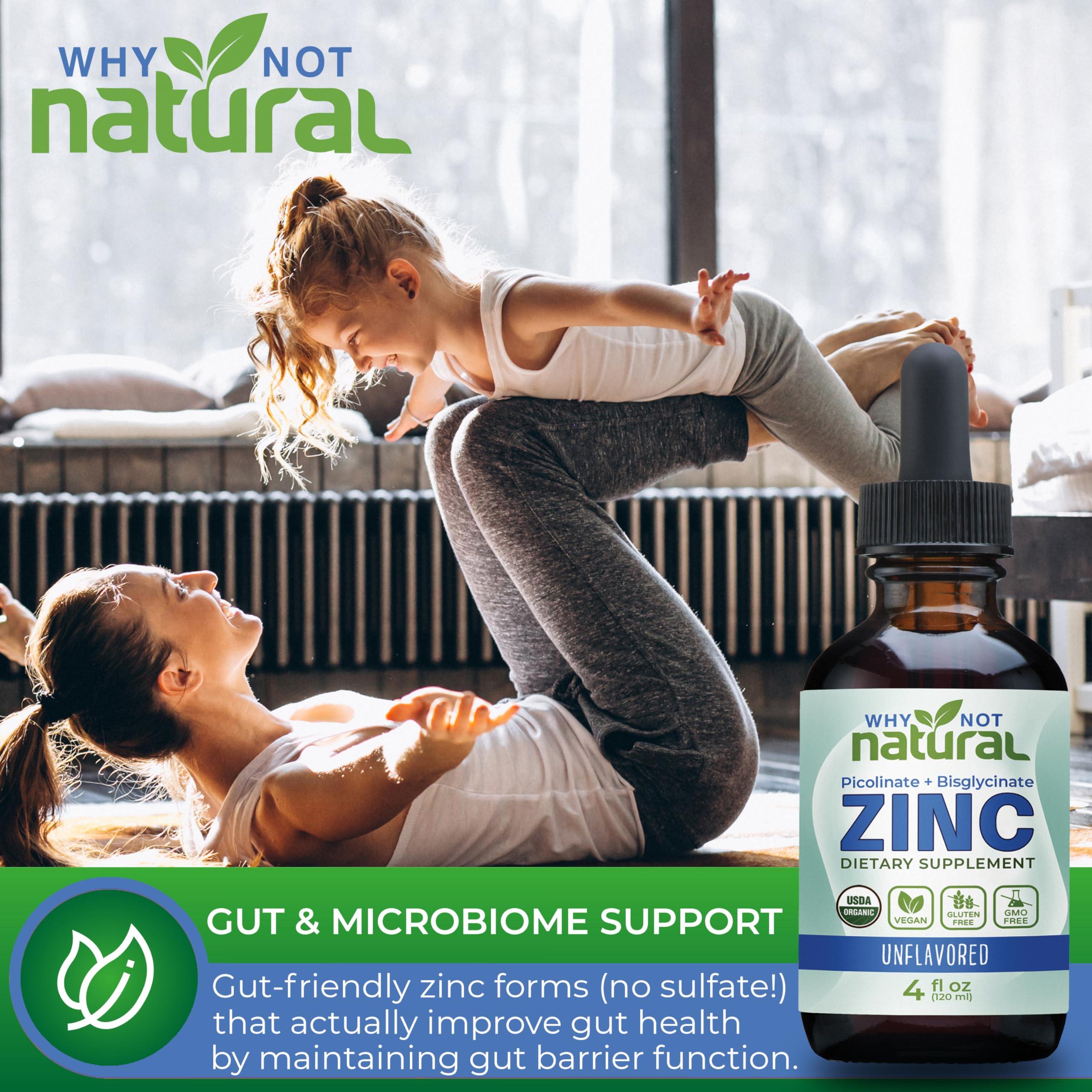 Why Not Natural Organic Liquid Zinc Drops Supplement with Chelated Zinc Picolinate and Bisglycinate, USDA Organic and Vegan