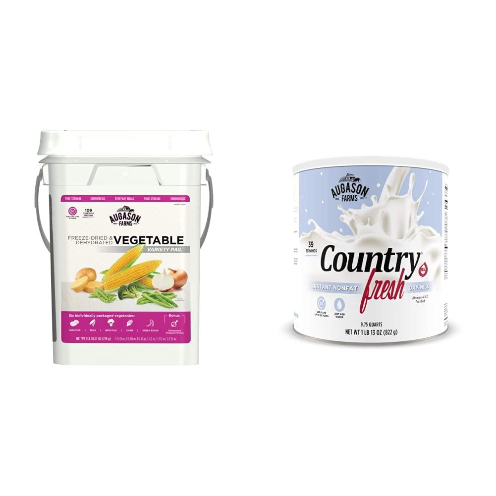 Augason Farms Augason Farms Freeze Dried Vegetable Variety Pack 4 gallon Kit & 5-90620 Country Fresh 100% Real Instant Nonfat Dry Milk, 1 lb, 13 oz.