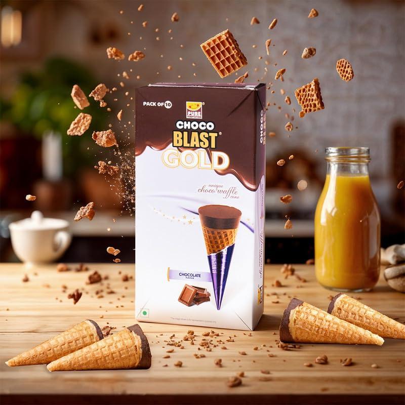 Pure Temptation Pure Temptation Gold Chocoblast Waffle Cones [10 Pieces] Snacks for Kids & Adults - Non-Meltable Chocolate Gift Box - Individually Wrapped Chocolate-Filled Waffle Cones Bites for Christmas Gifts