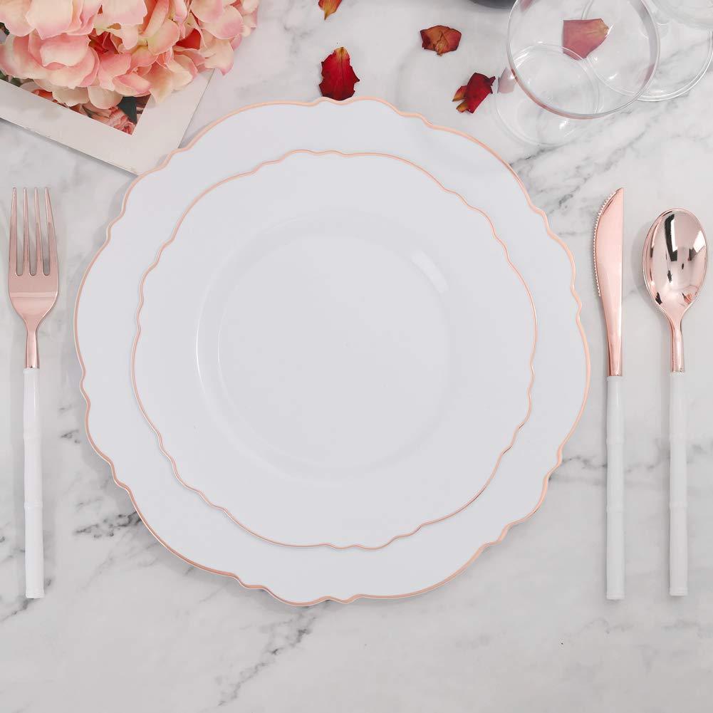 WDF WDF 60pcs Rose Gold Plastic Plates-Baroque White &Rose Gold Disposable Plates Rose Gold Plastic Silverware- Disposable Flatware Set