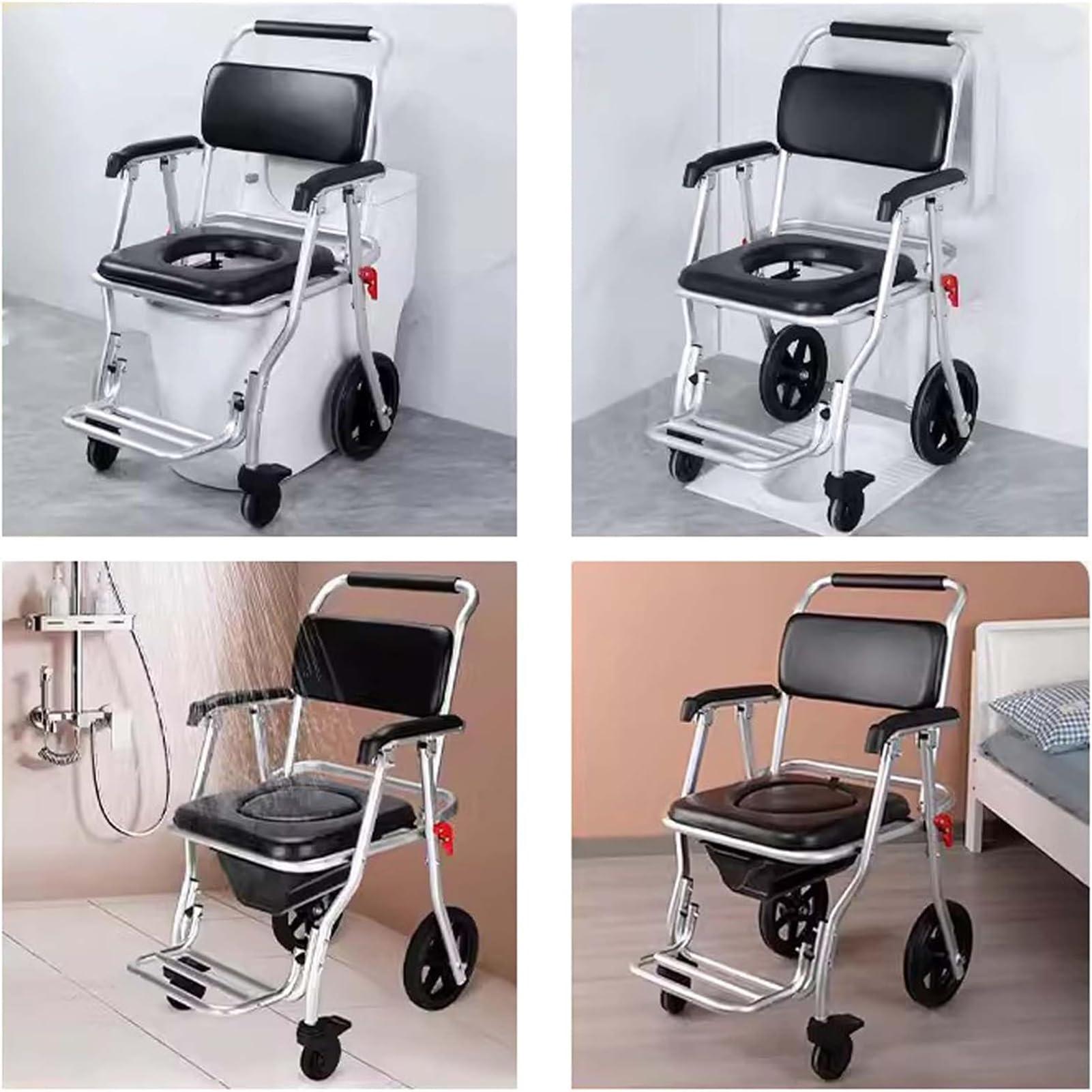 DIIDIIF Waterproof Shower Chair with Arms and Back Folding Shower Seat Perching Stool with Wheels Anti Slip Bedside Toilet Height Adjustable Shower Stools for Elderly Pregnant Adult