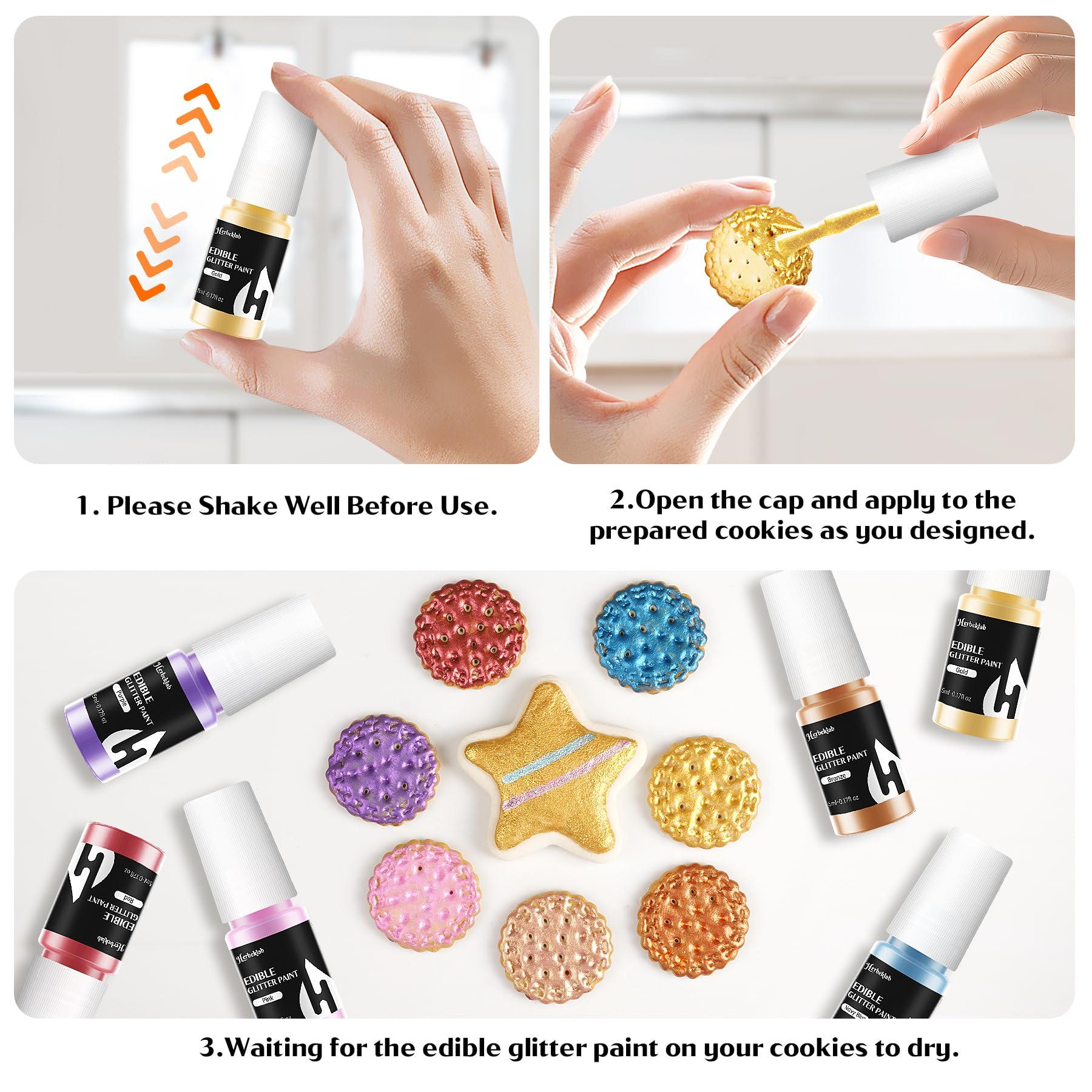 Herbeklab Edible Paint 12 Colors Edible Glitter Paint Metallic Cake Paint Shiny Food Paint for Cake Decorating Cookies Fondant Edible Art Decorative Icing Paint, 5ml / bottle