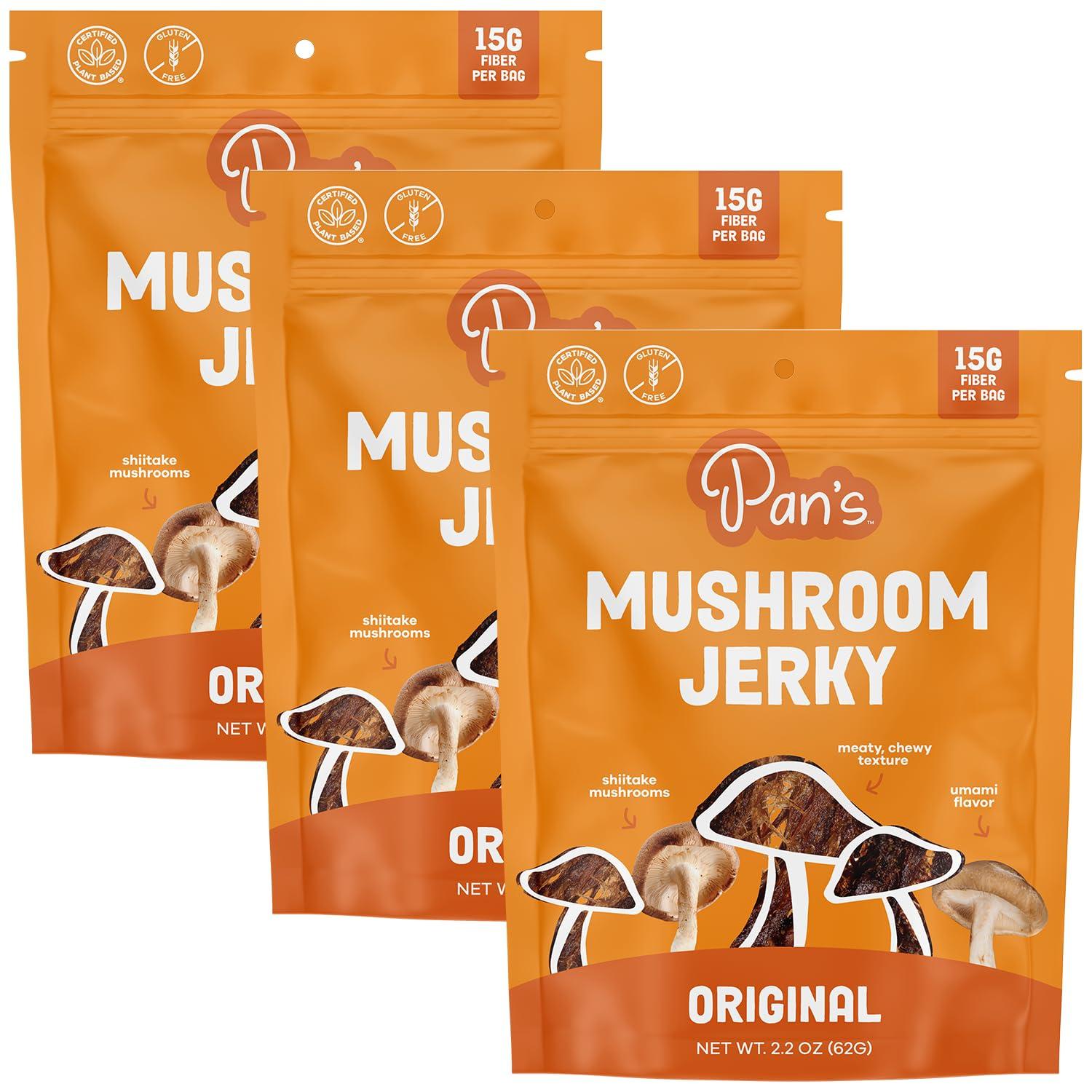 Pan's Pan\'s Mushroom Jerky, Vegan Snacks, Dried Mushrooms Shiitake, Plant based Jerky, Meatless Jerky, Gluten Free, High in Fiber, with Original flavor (2.2 Ounce, Pack of 3)