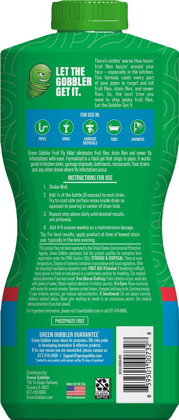 Green Gobbler Green Gobbler Fruit Fly Killer+ - Kills Fruit Flies, Drain Flies & Sewer Flies, Gel Treatment for Use in Sinks & Pipes - Safe for Septic Systems, 32oz - Up to 8 USES (2 Pack)