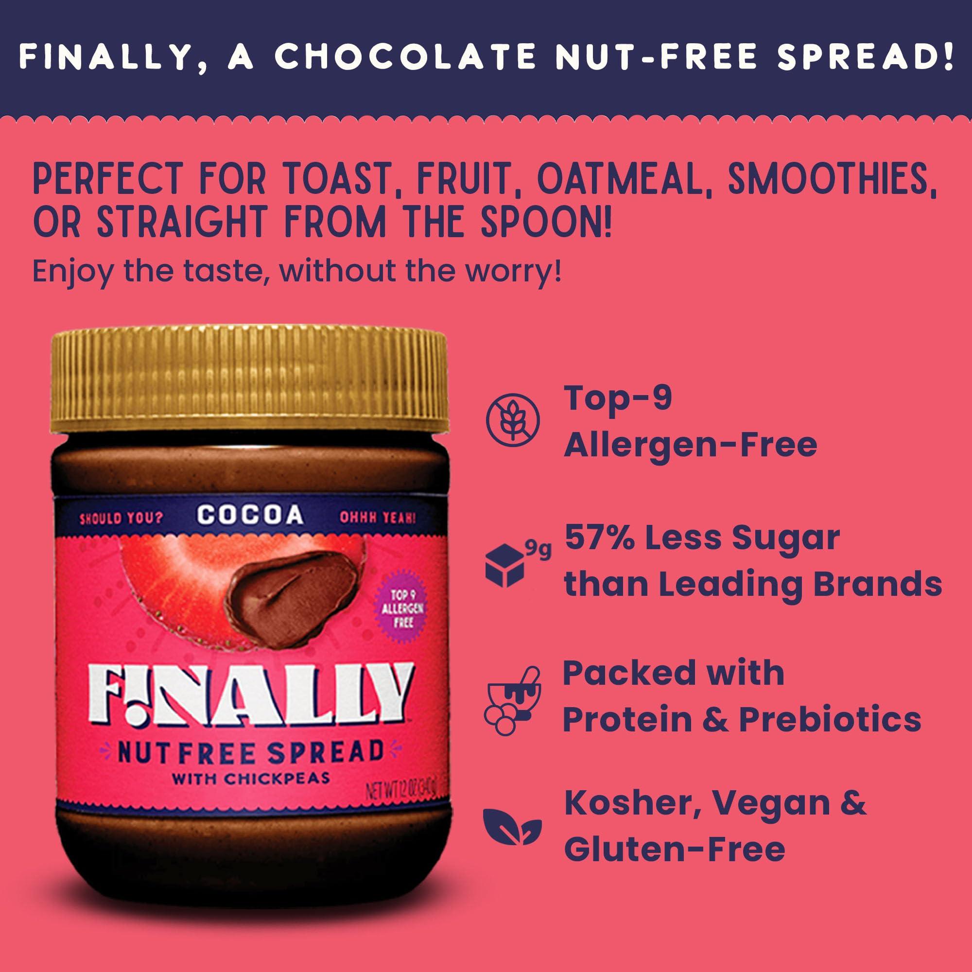 Finally! Finally Nut-Free Cocoa Spread | Allergen-Free Chocolate Spread with 50% Less Sugar than Leading Brands | Made with Chickpeas | Nut-Free, Plant-Based, Vegan | Gluten-Free, Dairy-Free, Soy-Free | School-Safe | 3g Protein | 12 oz