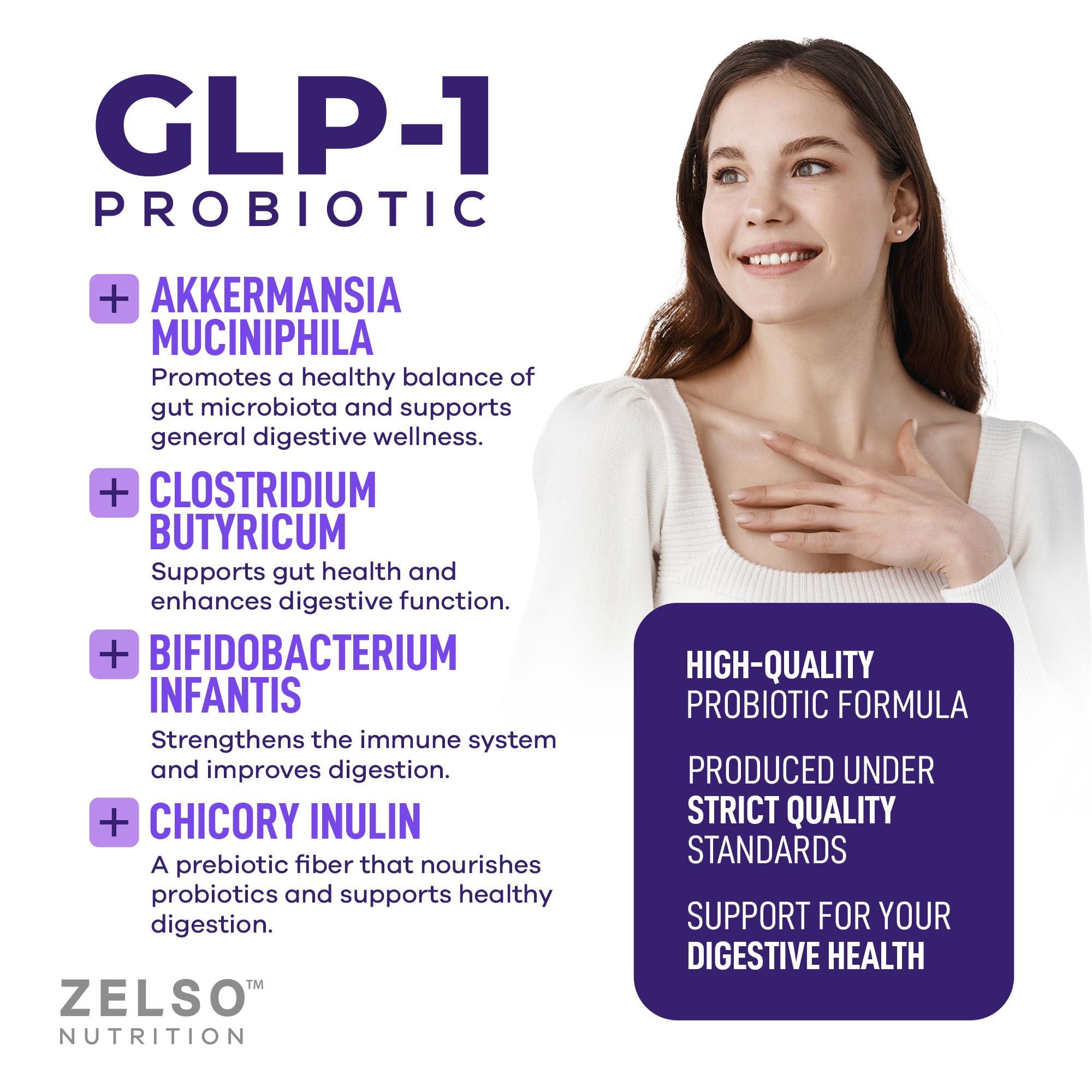 ZELSO GLP-1 Probiotic with Akkermansia Muciniphila - Curbs App & Promotes Feeling of Fullness - Gut Health Support with GLP 1 Live Probiotics, 500M CFU Multi-Strain Probiotic + Prebiotic GLP1 Naturally Plus
