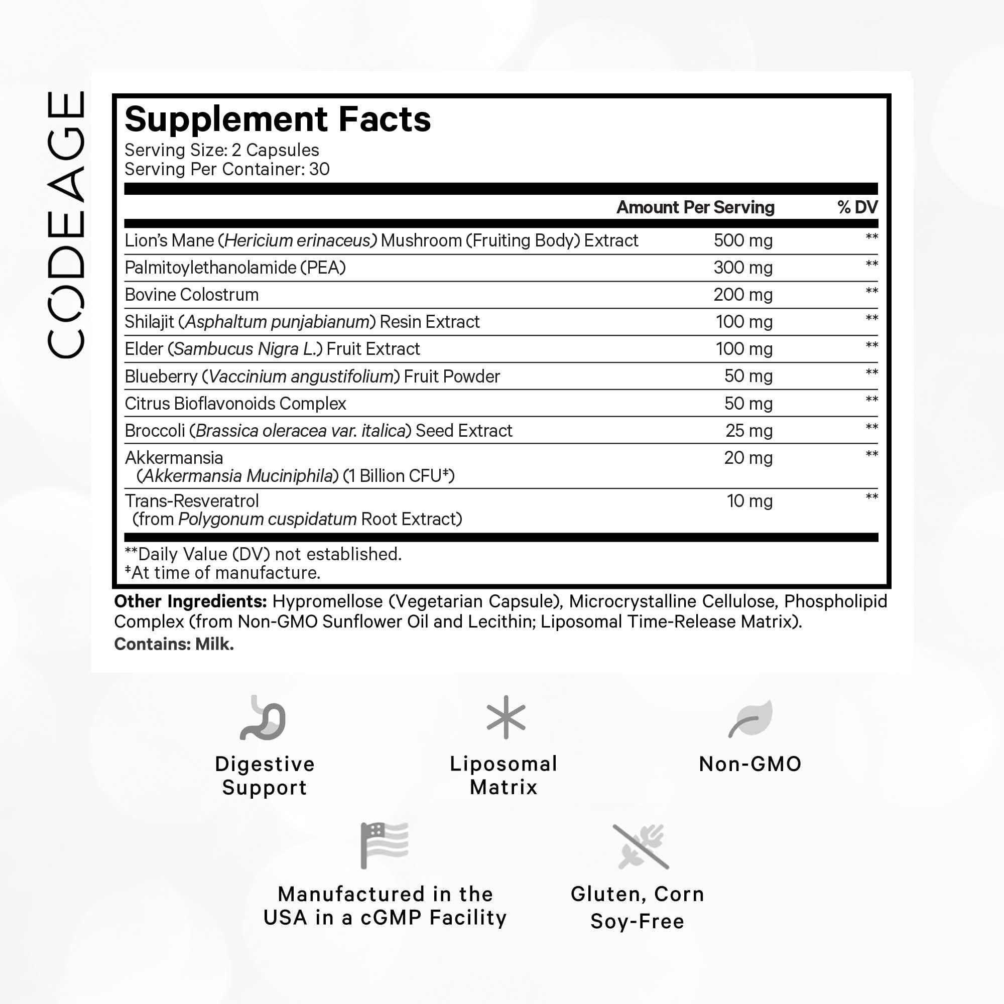 Codeage Codeage GLP-Harmony Companion+ Supplement - GLP-1 Agonist Support - Lion\'s Mane, Pea, Colostrum, Shilajit, Akkermansia, Elder, Citrus Bioflavonoids, Broccoli, Resveratrol - Non-GMO - 60 Capsules