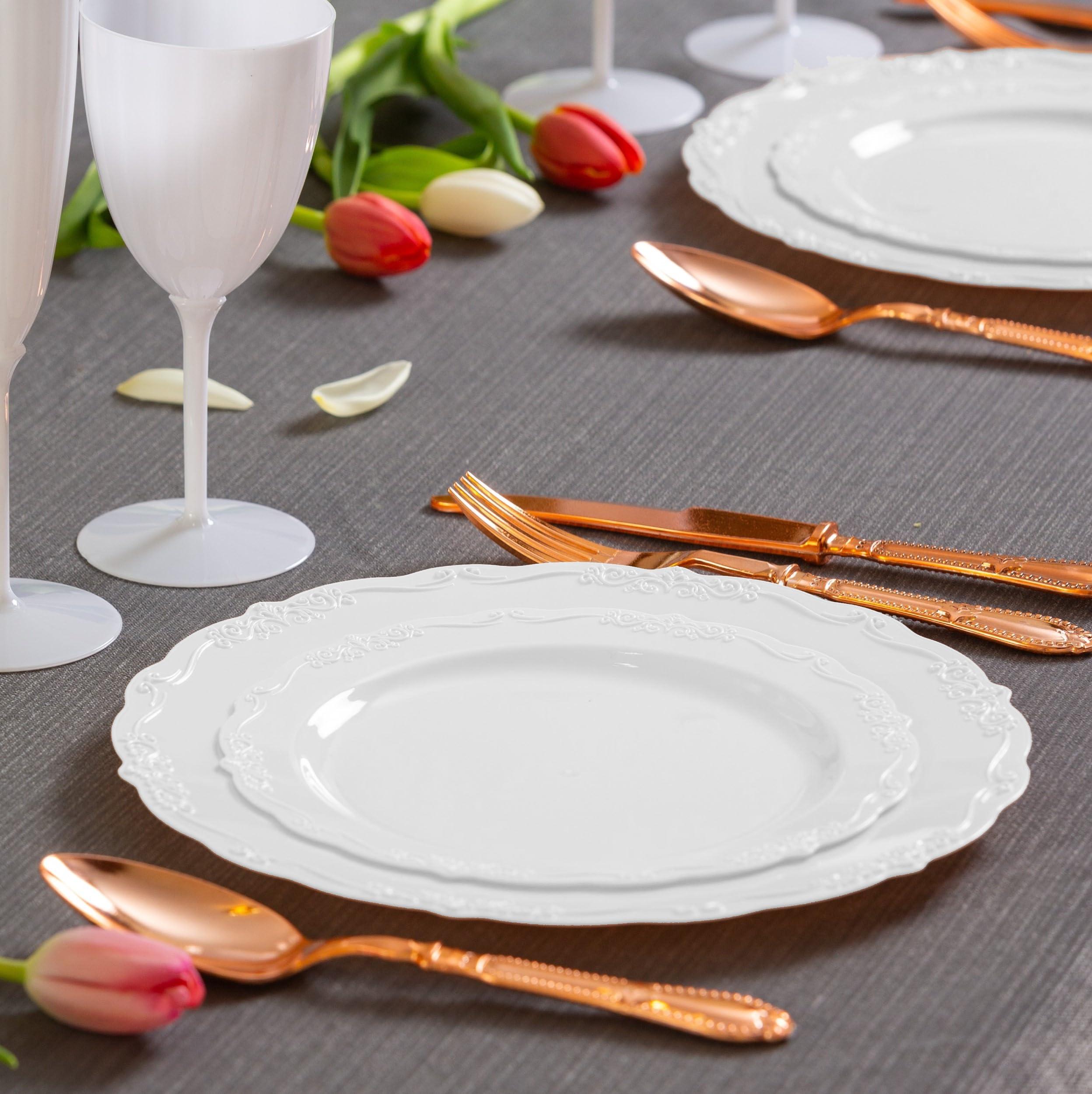 Posh Setting Posh Setting Disposable Plastic Plates Set - Heavy Duty Vintage Plastic Plates, 60 Pack Vintage Disposable Dinnerware Sets with 30 Appetizer Plates & 30 Plastic Dinner Plates for Wedding, White