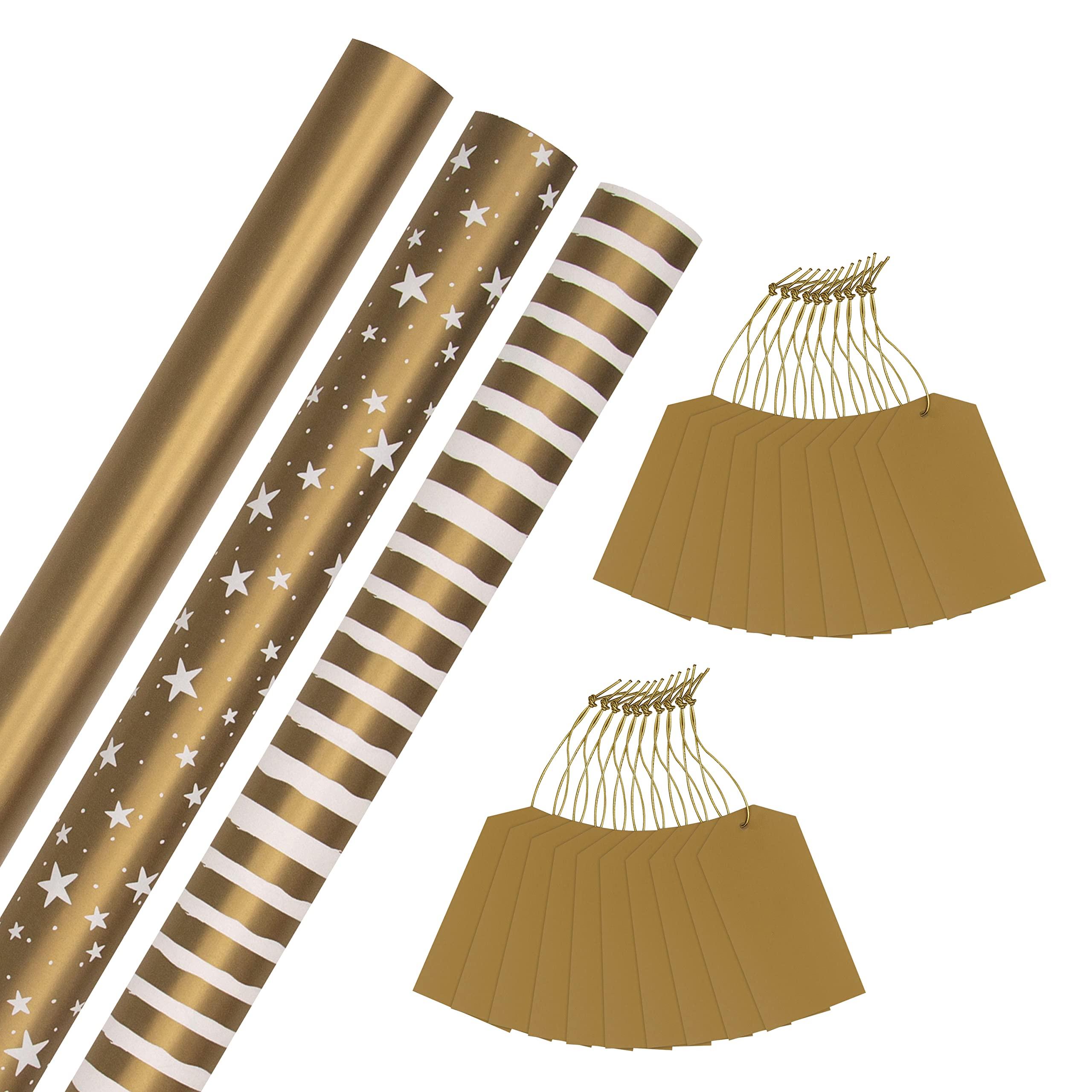 Hallmark Hallmark Gold Christmas Wrapping Paper and Gift Tag Bundle - 3 Rolls of Paper in 3 Designs With 2 Packs of 10 Plain Gold Gift Tags