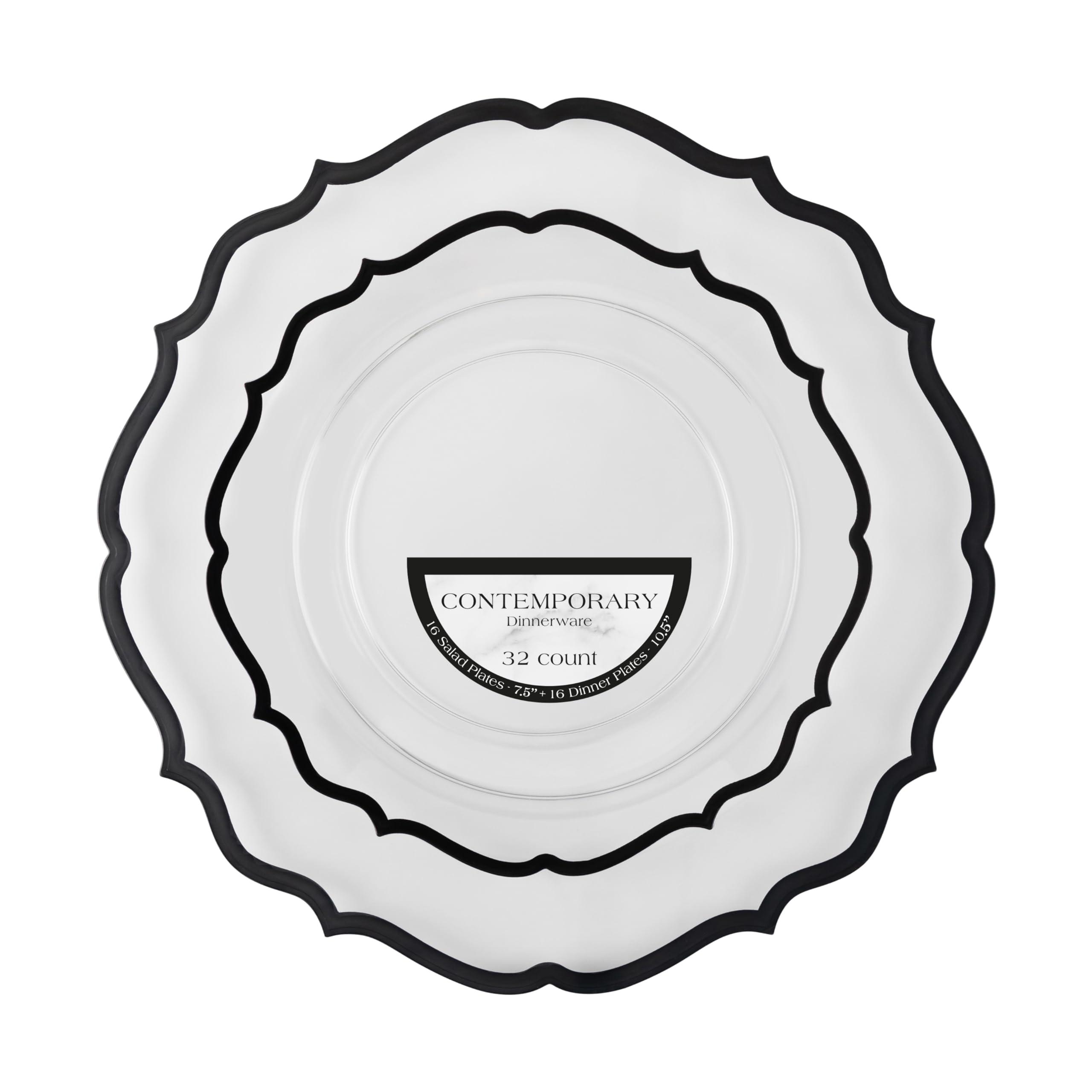 PLASTICPRO PLASTICPRO 32 Pack Elegant Disposable Plastic Plates Combo Set Includes 16 Dinner Plates and 16 Salad Plates Heavy Duty Fancy Party Plates Clear & Black Contemporary Design
