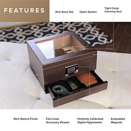 CASE ELEGANCE CASE ELEGANCE Glass Top Humidor with Thick Cedar, Easy humidification System, Accurate Digital Hygrometer - Renzo, Brown