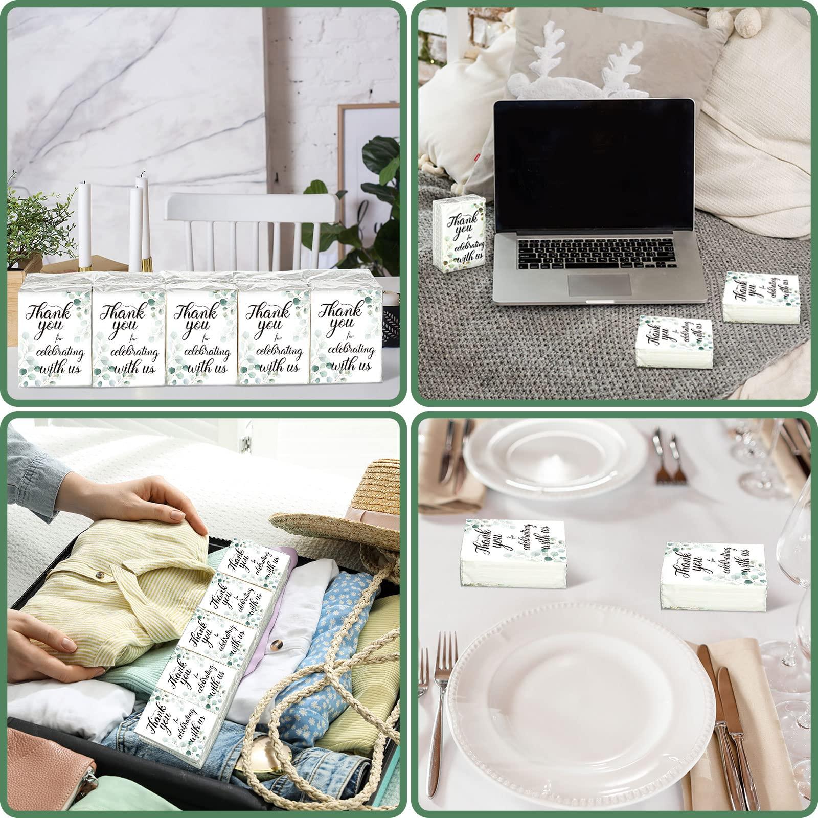 Sinmoe 100 Pack Wedding Bulk Travel Pocket Tissue Thank You Mini Facial Tissue Greenery Eucalyptus Tissue 3 Ply Tissue for Celebrating with Us Guest Tissue for Wedding, Bridal Shower, Graduation