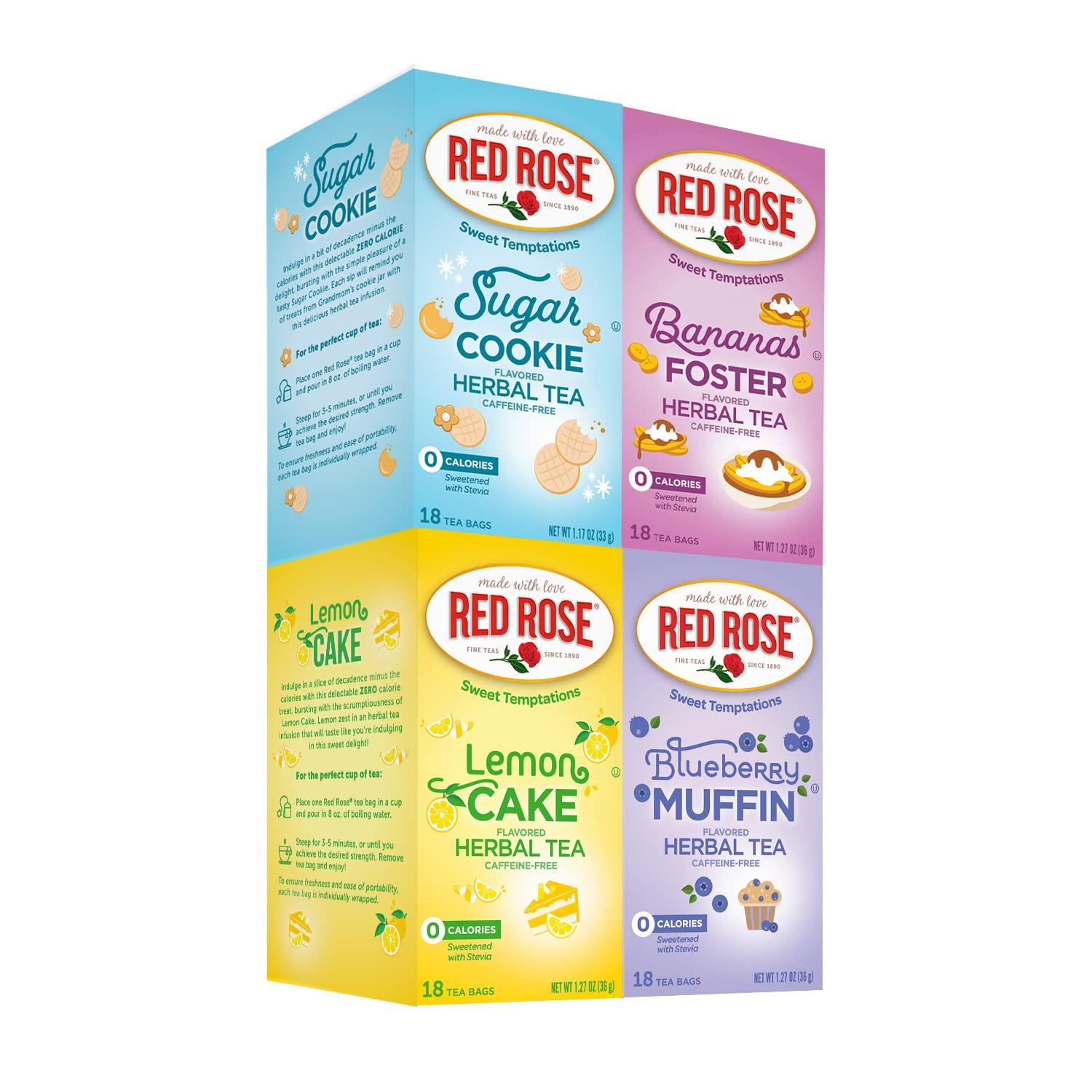 Red Rose Tea Red Rose Sweet Temptations New Flavors Variety Pack: Blueberry Muffin, Lemon Cake, Sugar Cookie and Bananas Foster (Pack of 4), 18 Count (Pack of 4)