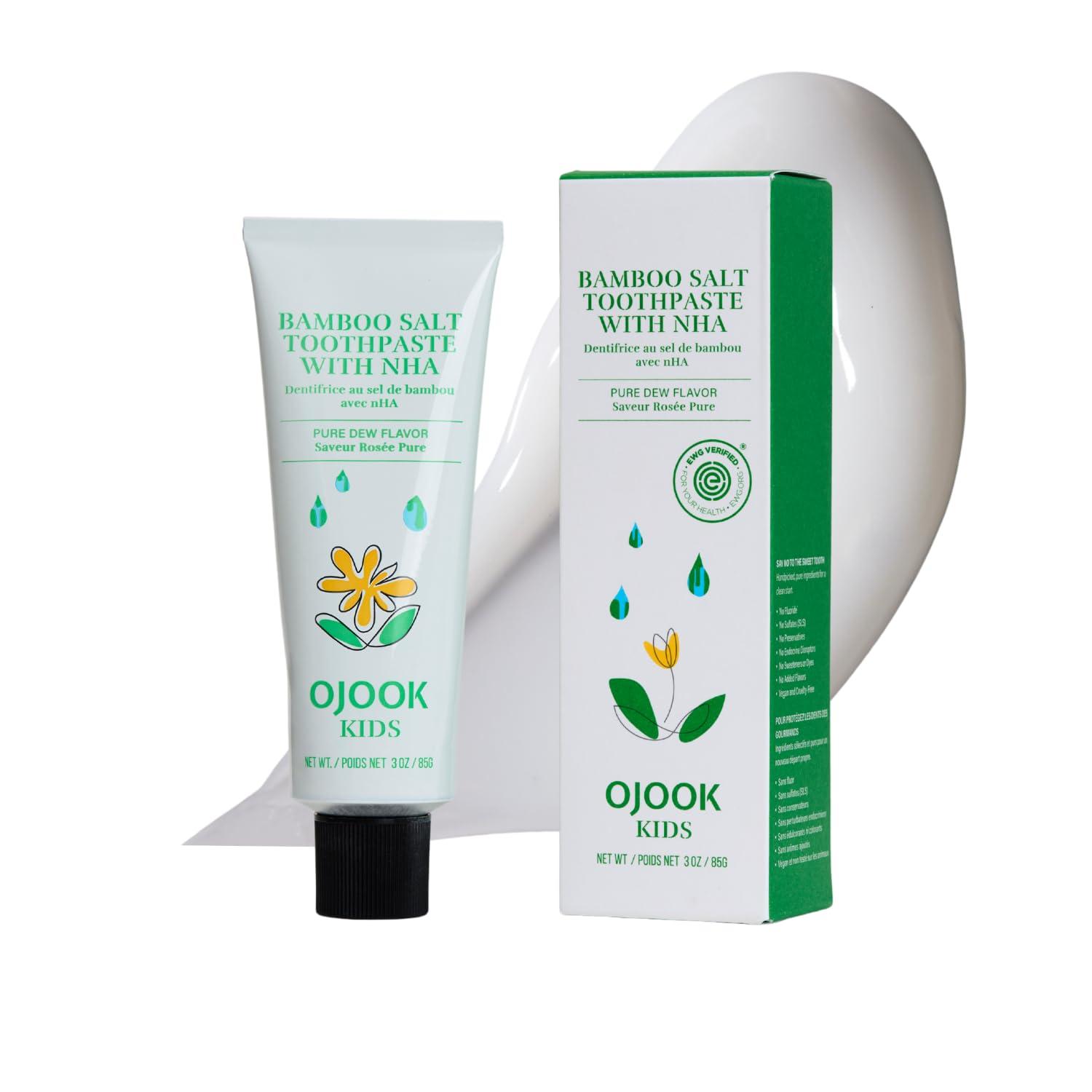 OJOOK OJOOK Kids Fluoride Free Bamboo Salt Toothpaste with nHA - Pure Dew | Nano Hydroxyapatite, Remineralizing, Strengthening Enamel for First Teeth, Safe to Swallow (3oz)