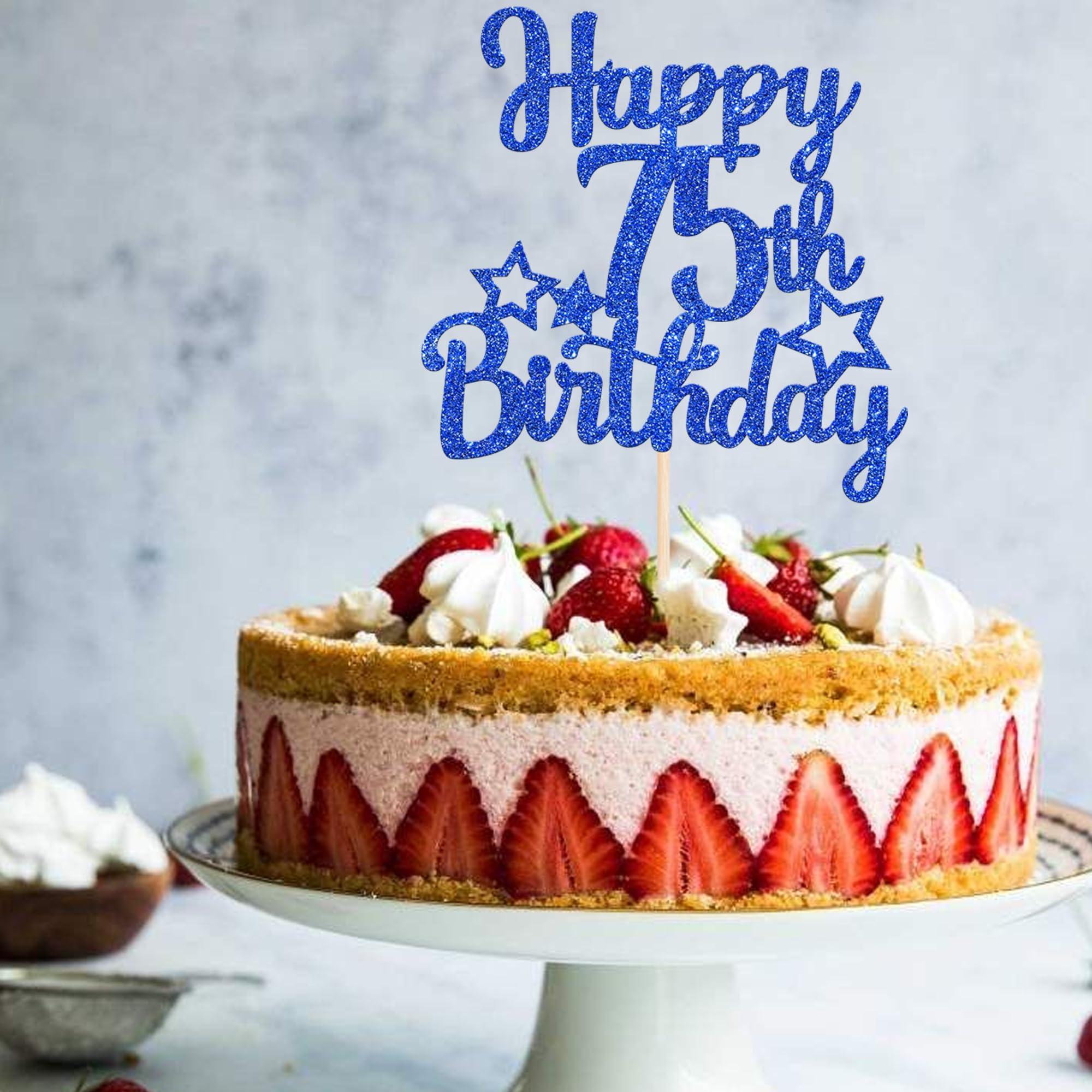 YCTHUNFISH 1 Pack Happy 75th Birthday Cake Topper Glitter Little Star 75 Fabulous Cake Pick Birthday Sign Cake Decorations for 75th Birthday Theme Party Supplies Dark Blue