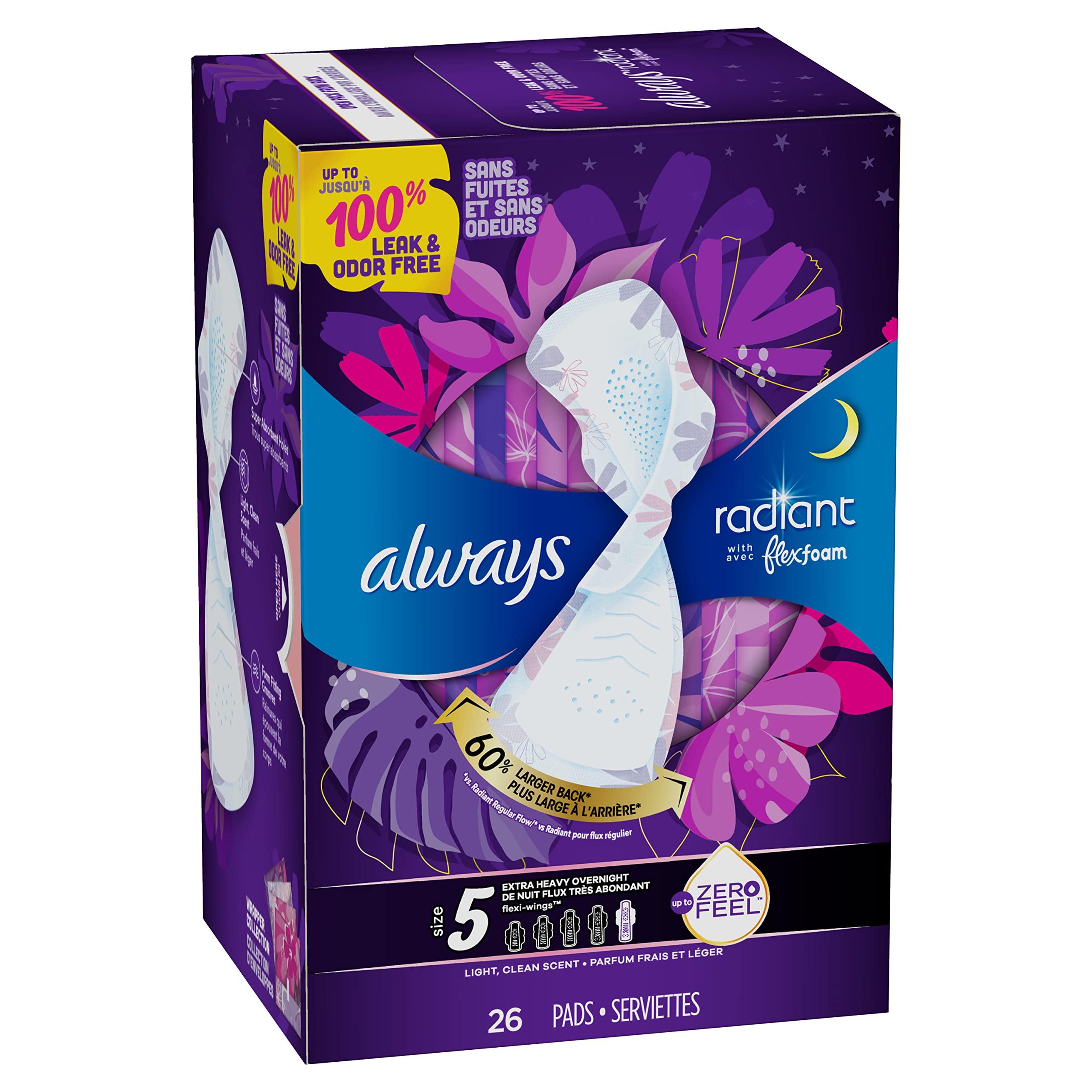 Always Always Radiant FlexFoam Pads for Women, Size 5, Extra Heavy Overnight Absorbency, 100% Leak & Odor Free Protection is Possible, with Wings, Scented, 26 Count