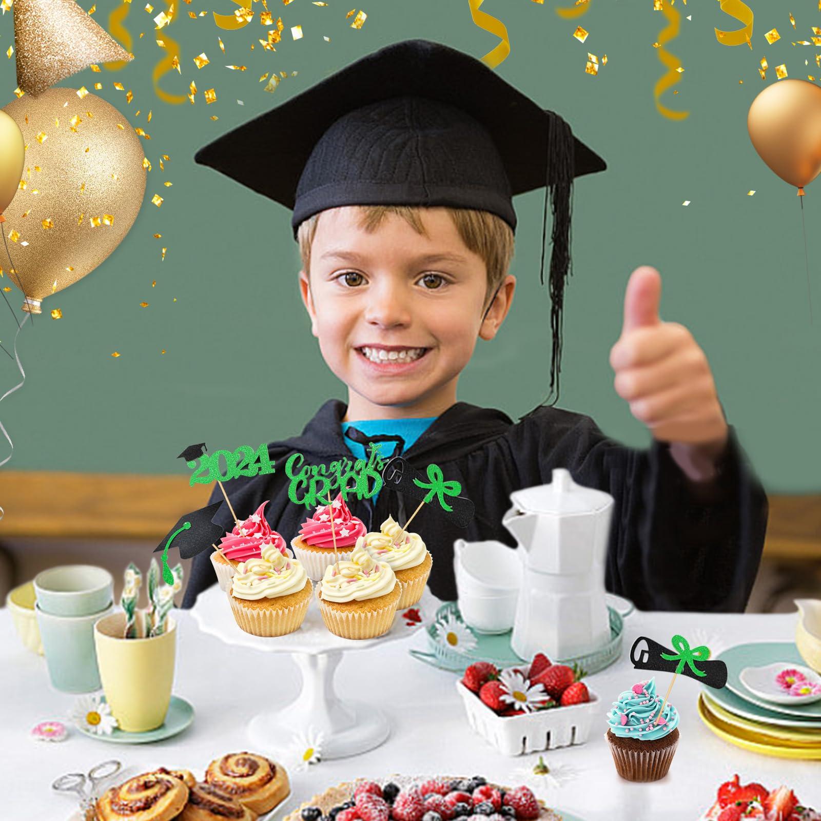heqxwl 24Pcs Graduation Cupcake Toppers of 2024, Glitter Class of 2024 Diploma Grad Cap Cake Picks for Graduation Theme Party Decorations (Green)