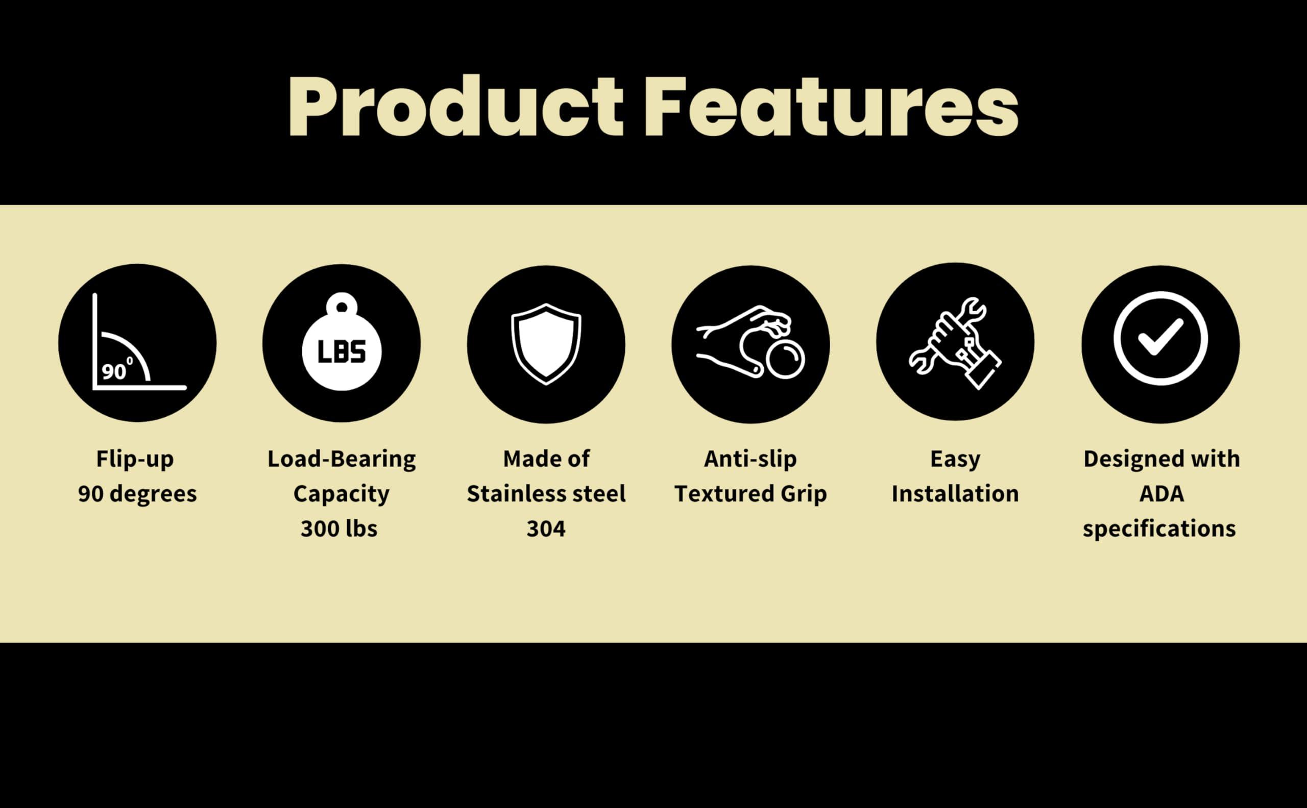 ANHEL ANHEL 30 Stainless Steel Bathroom and Toilet Grab Bar - Foldable, Flip-Up, U-Shaped, Anti-Slip with Textured Grip, Screw-in for Elderly, Disabled, Handicapped Support, Brushed Gold