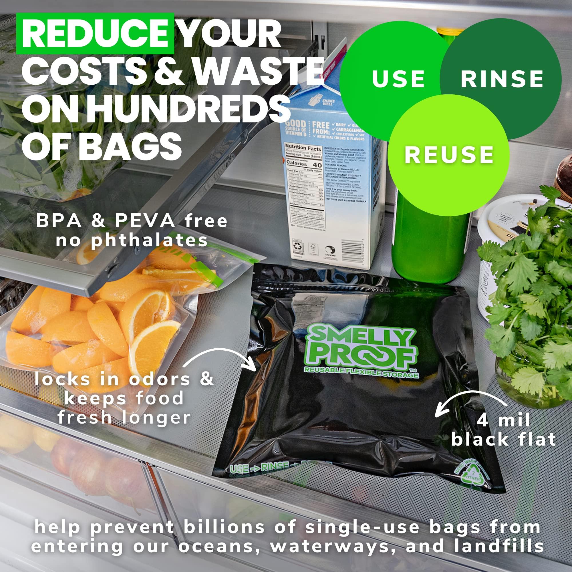 Smelly Proof 10pk 4-MIL Thick HEAVY DUTY Smelly Proof Reusable Bags Black, Reusable Food Storage Bags, Washable Ziplock Bags, US-Made, BPA Free, No PEVA, Non-Silicone, 10 x Reusable Freezer Bags, Quart 8.5\" x 10\"