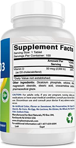 Best Naturals Best Naturals Vitamin D3 2000 IU (50 mcg) - 100 Tablets - 100 Days Supply - Helps Support Immune Health, Strong Bones and Teeth, & Muscle Function (100 Count (Pack of 1))