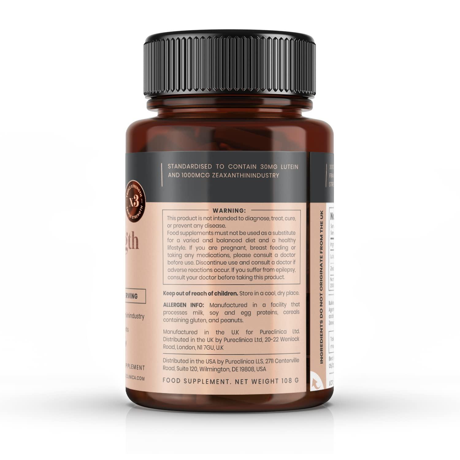 pureclinica pureclinica Lutein 30mg x 360 Tablets (4 Bottles with 90 Tablets in Each). with 1000mcg Zeaxanthin. 3 x The Strength of Regular Lutein Tablets.