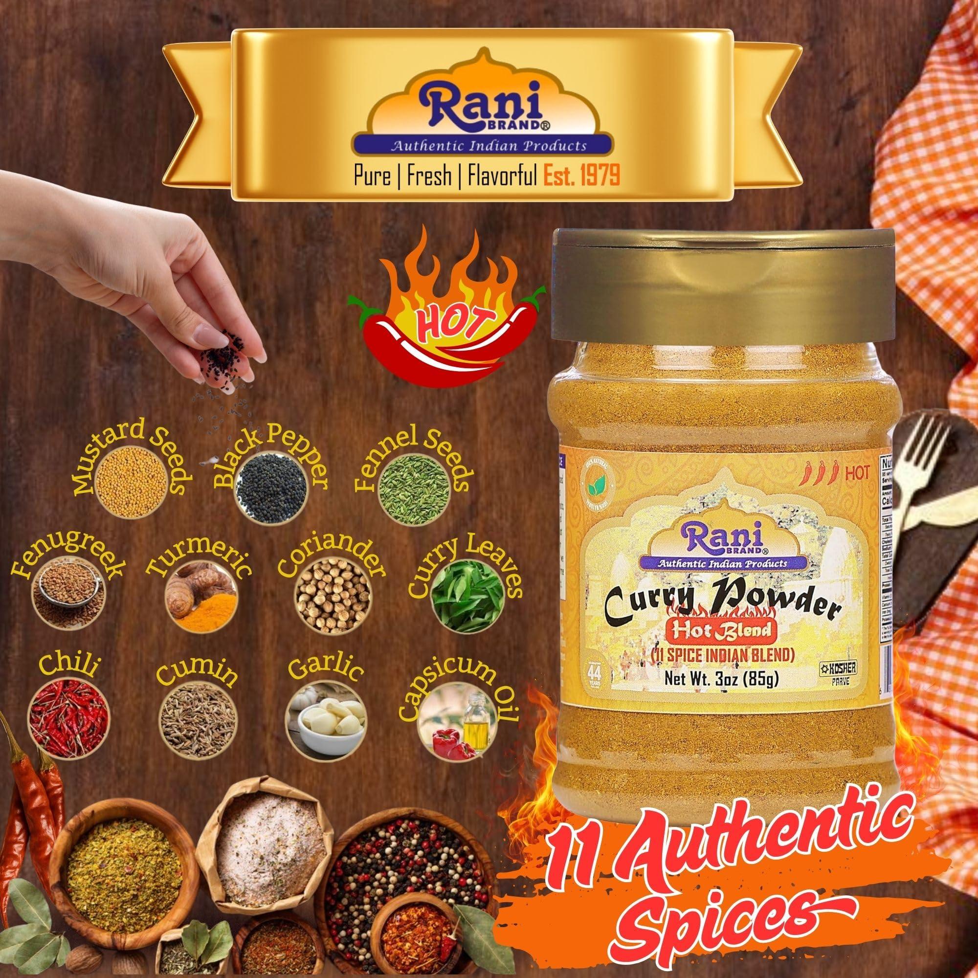 Rani Brand Authentic Indian Products Rani Curry Powder Hot (11-Spice Authentic Indian Blend) 3oz (85g) PET Jar, Pack of 12 ~ All Natural | Salt-Free | Vegan | No Colors | Gluten Friendly | NON-GMO | Kosher | Indian Origin