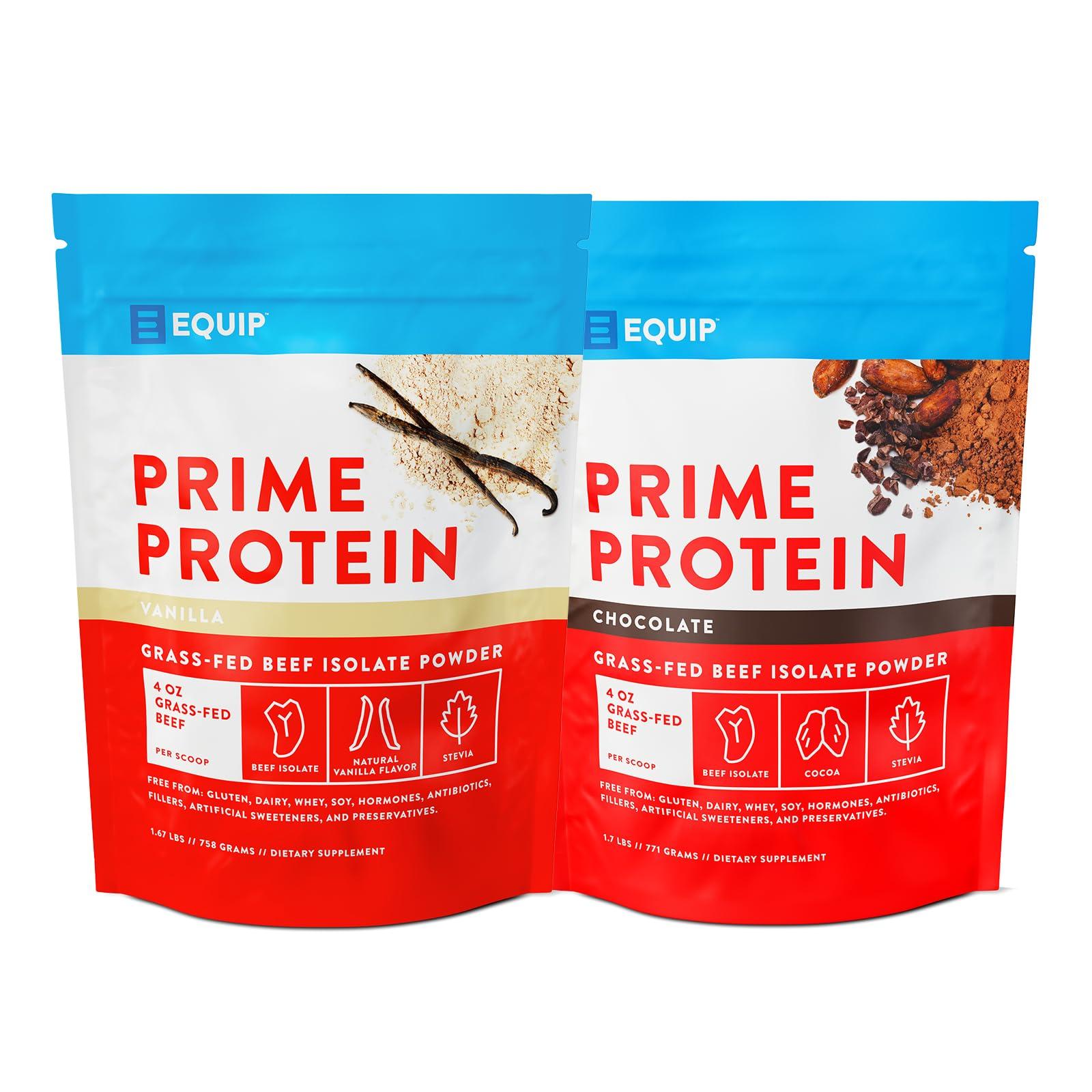 Equip Equip Foods Chocolate Prime Protein Powder - Vanilla & Chocolate - Grass-Fed Isolate Beef Protein Powder - Paleo and Gluten Free Protein Powder - Helps Build and Repair Tissue, Gluten Free
