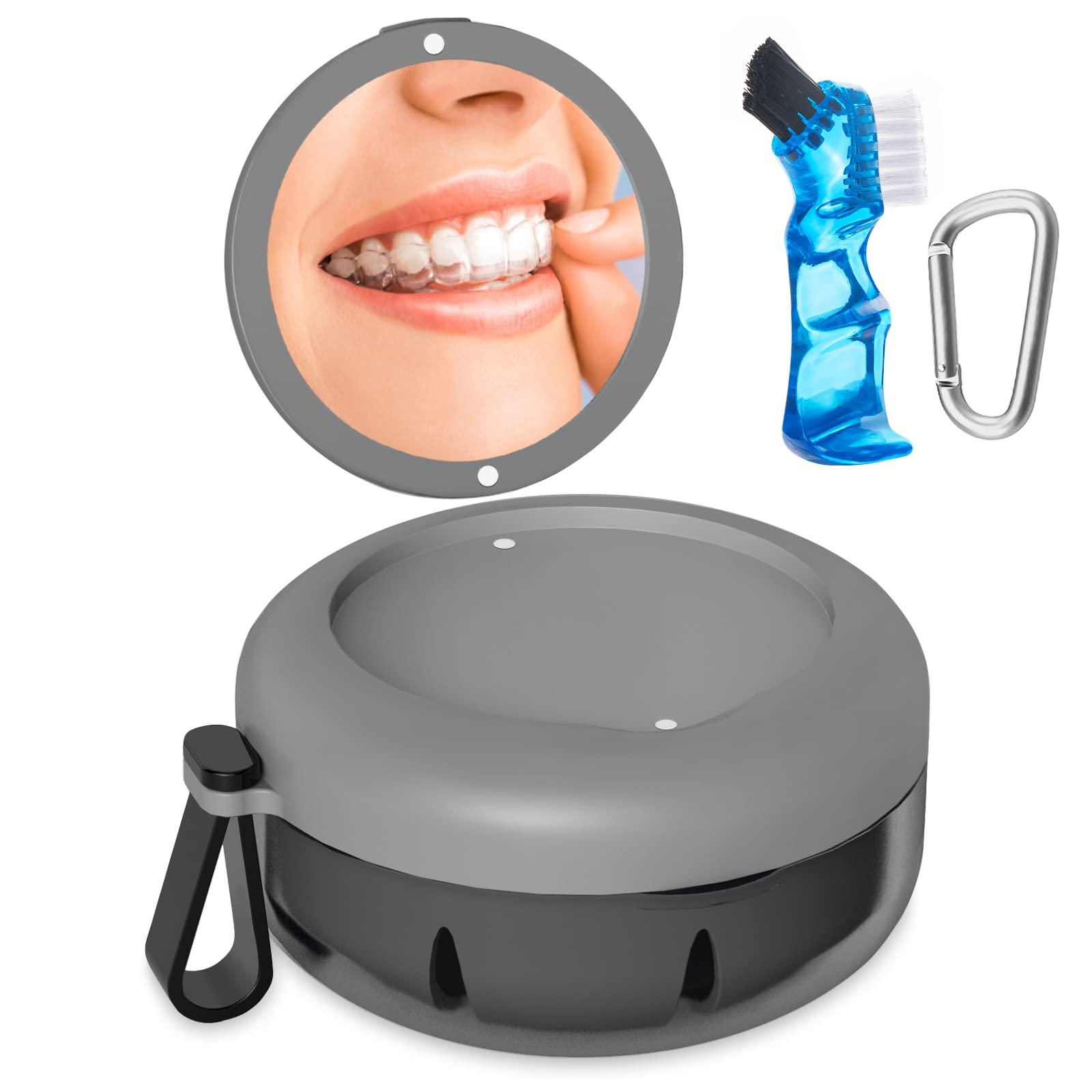 SEANCHEER Denture Bath Case, Denture Cup, Leak Proof Portable Retainer Case, Denture Cleaning Kit with Cleaner Brush, Denture Box with Strainer & Mirror, Denture Case for Aligner Retainer Mouth Guard
