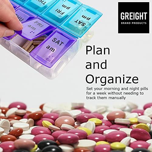 GREIGHT BRAND PRODUCTS XL Pill Organizer - 7 Day Weekly Pill Box AM PM - Twice a Day - 9\" x 4.75\" Extra Large Size Pill Case for Medicines, Vitamins, Supplements -