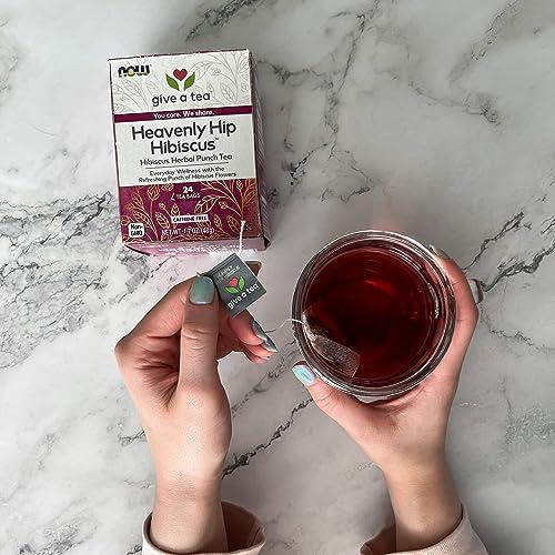 NOW NOW Give a Tea®, Heavenly Hip Hibiscus™, Hibiscus Herbal Punch Tea, Everyday Wellness with the Refreshing Punch of Hibiscus Flowers, Caffeine Free, 24 Tea Bags
